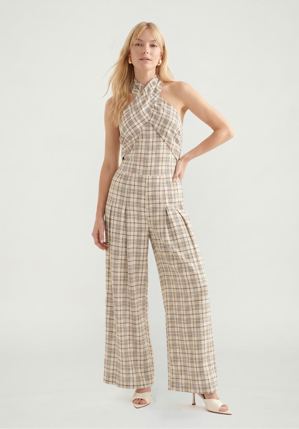 PREORDER Ardern Halterneck Check Culotte Jumpsuit in Neutral