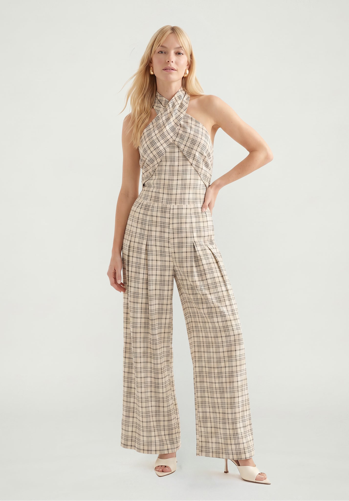 PREORDER Ardern Halterneck Check Culotte Jumpsuit in Neutral