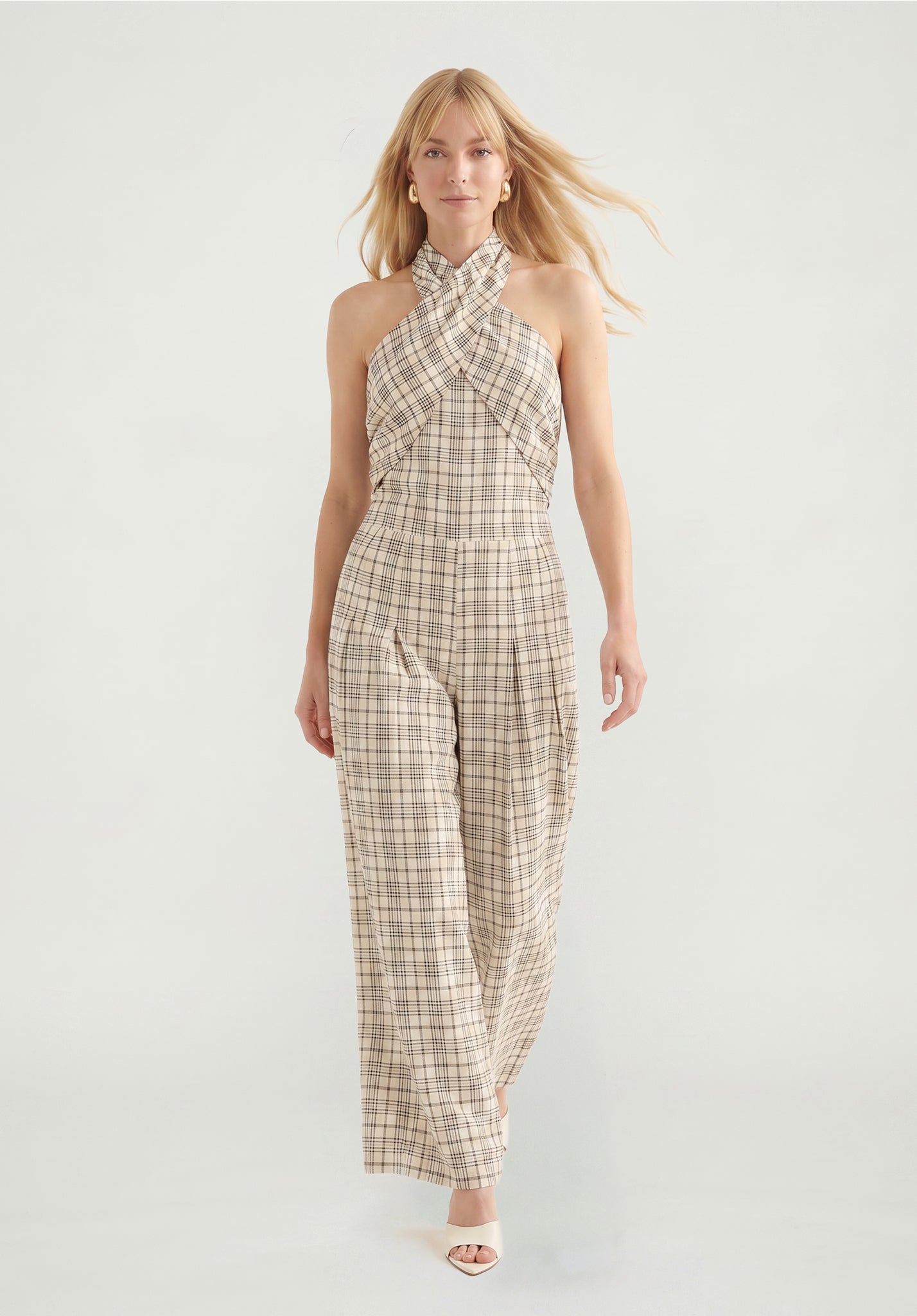 PREORDER Ardern Halterneck Check Culotte Jumpsuit in Neutral