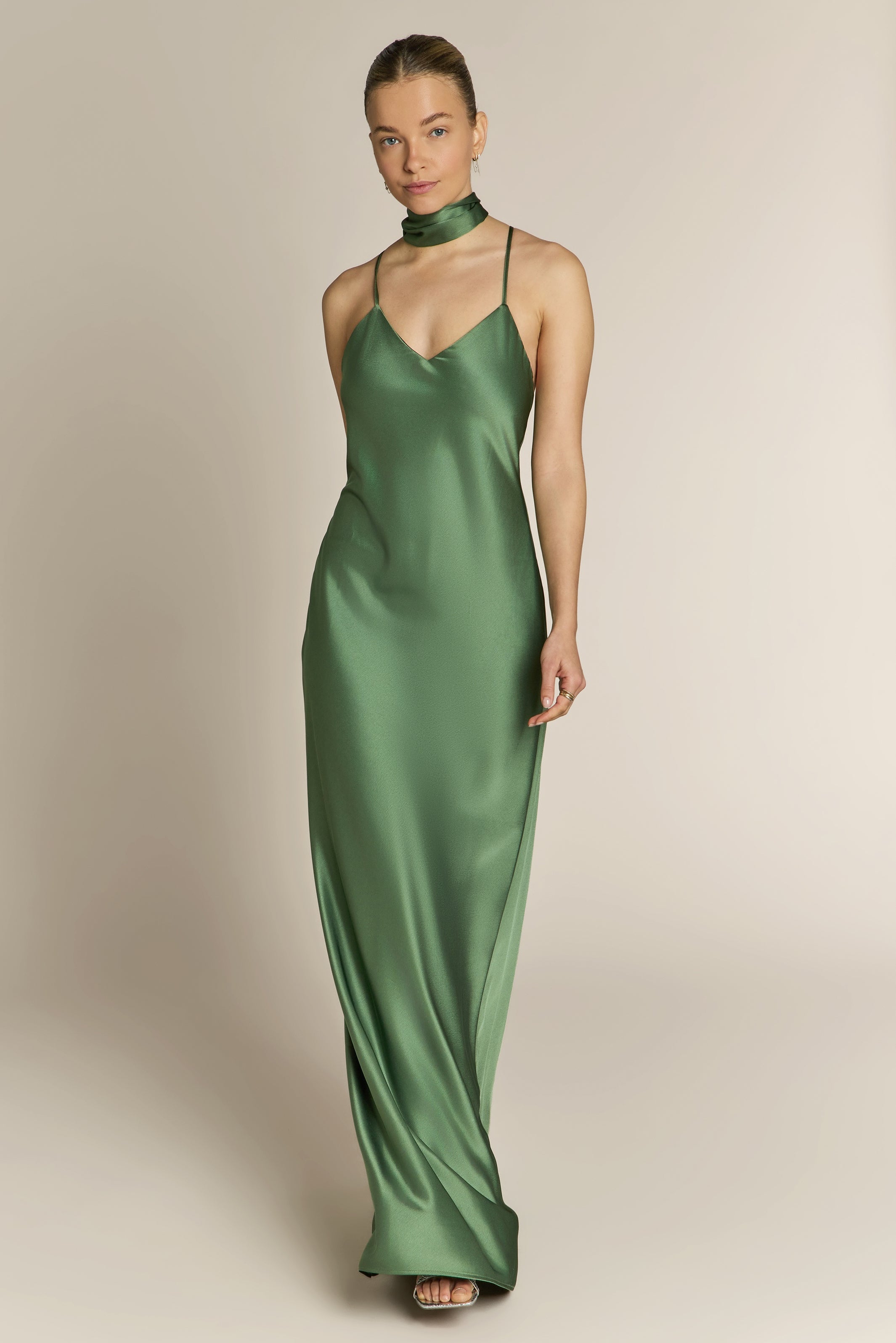Brooklyn Dress in Olive Green Satin - Strappy Slip Bridesmaid Dress