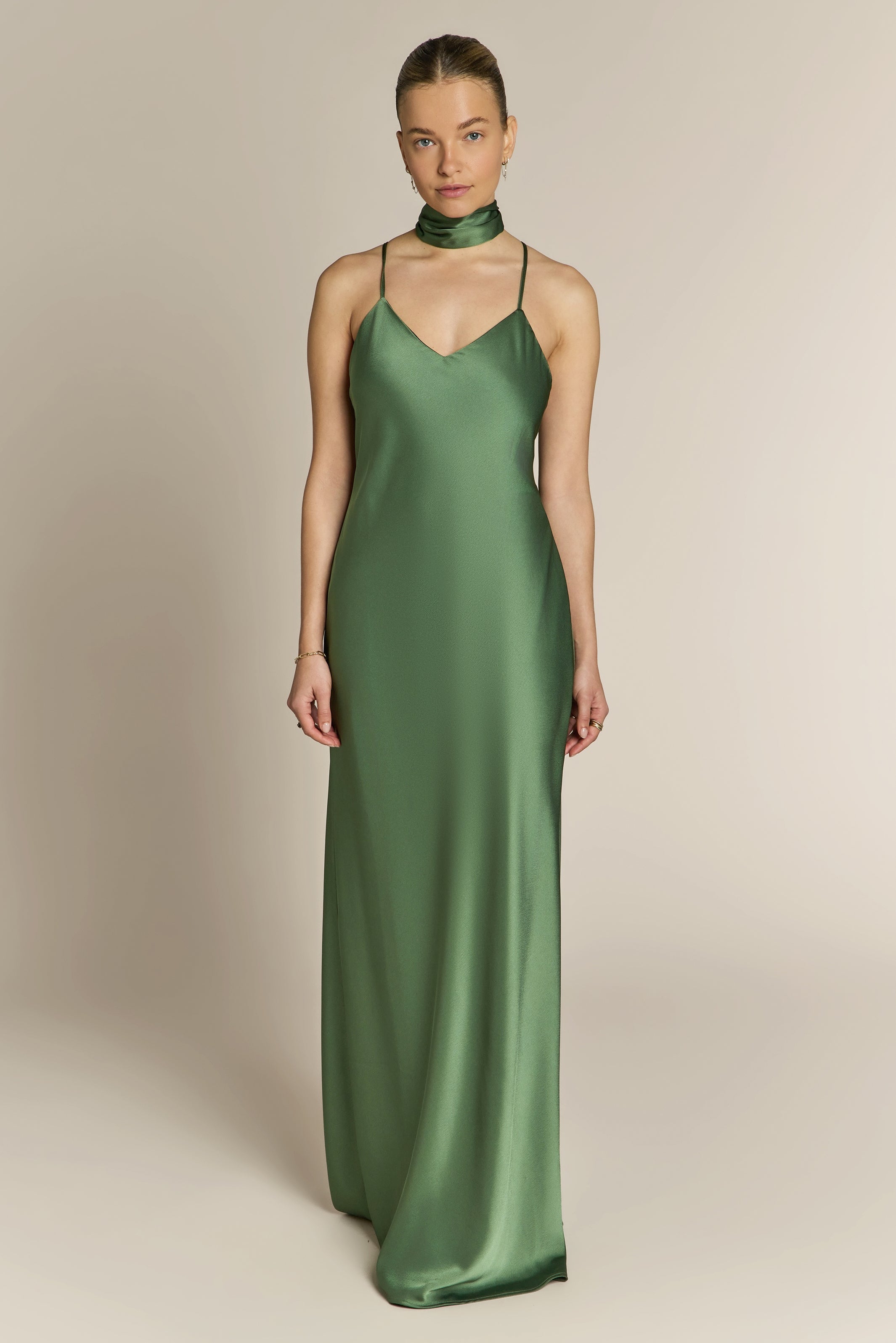 Brooklyn Dress in Olive Green Satin - Strappy Slip Bridesmaid Dress