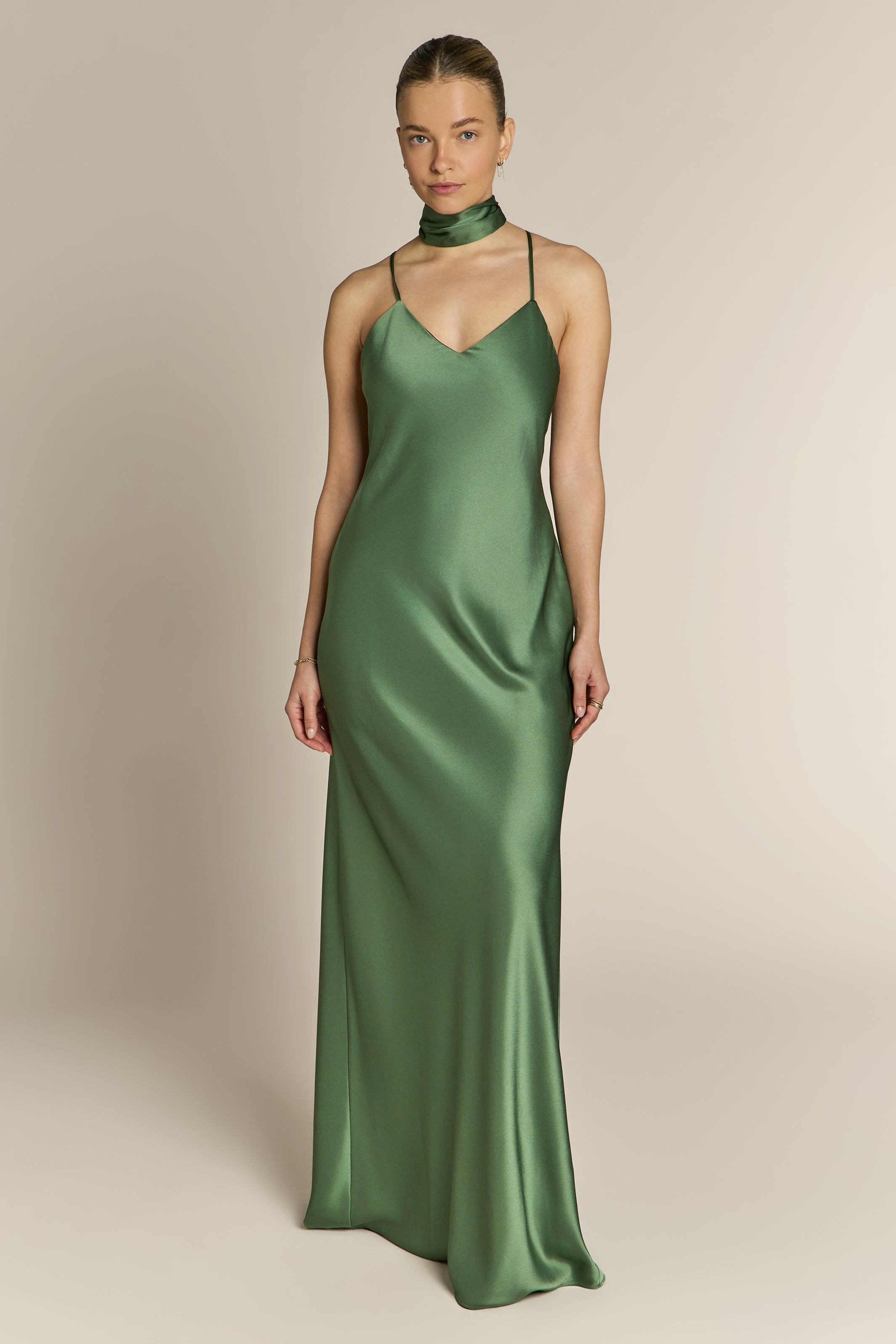 Brooklyn Dress in Olive Green Satin - Strappy Slip Bridesmaid Dress