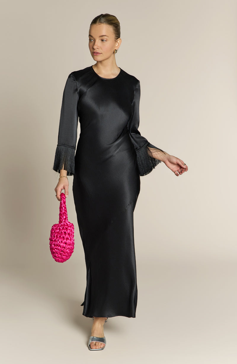 Dolly Fringe Sleeve Black Dress