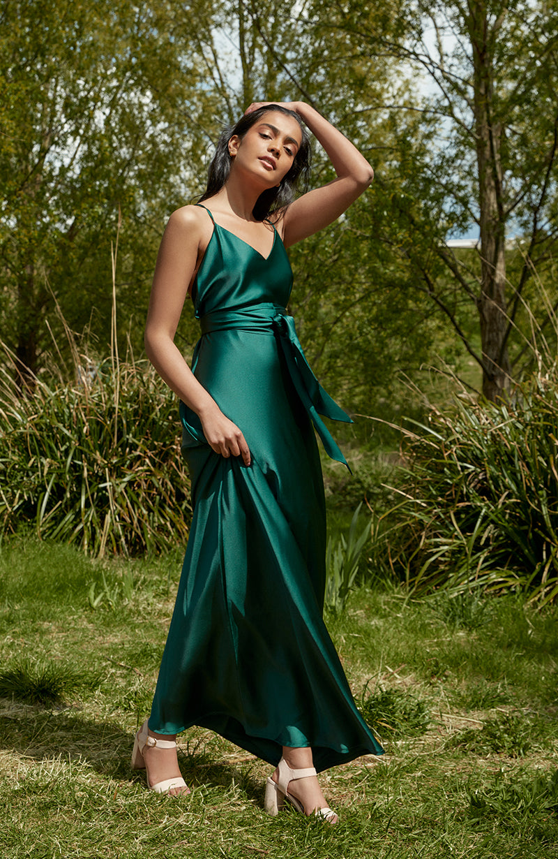 Brooklyn Dress in Forest Green Satin - Strappy Slip Bridesmaid Dress
