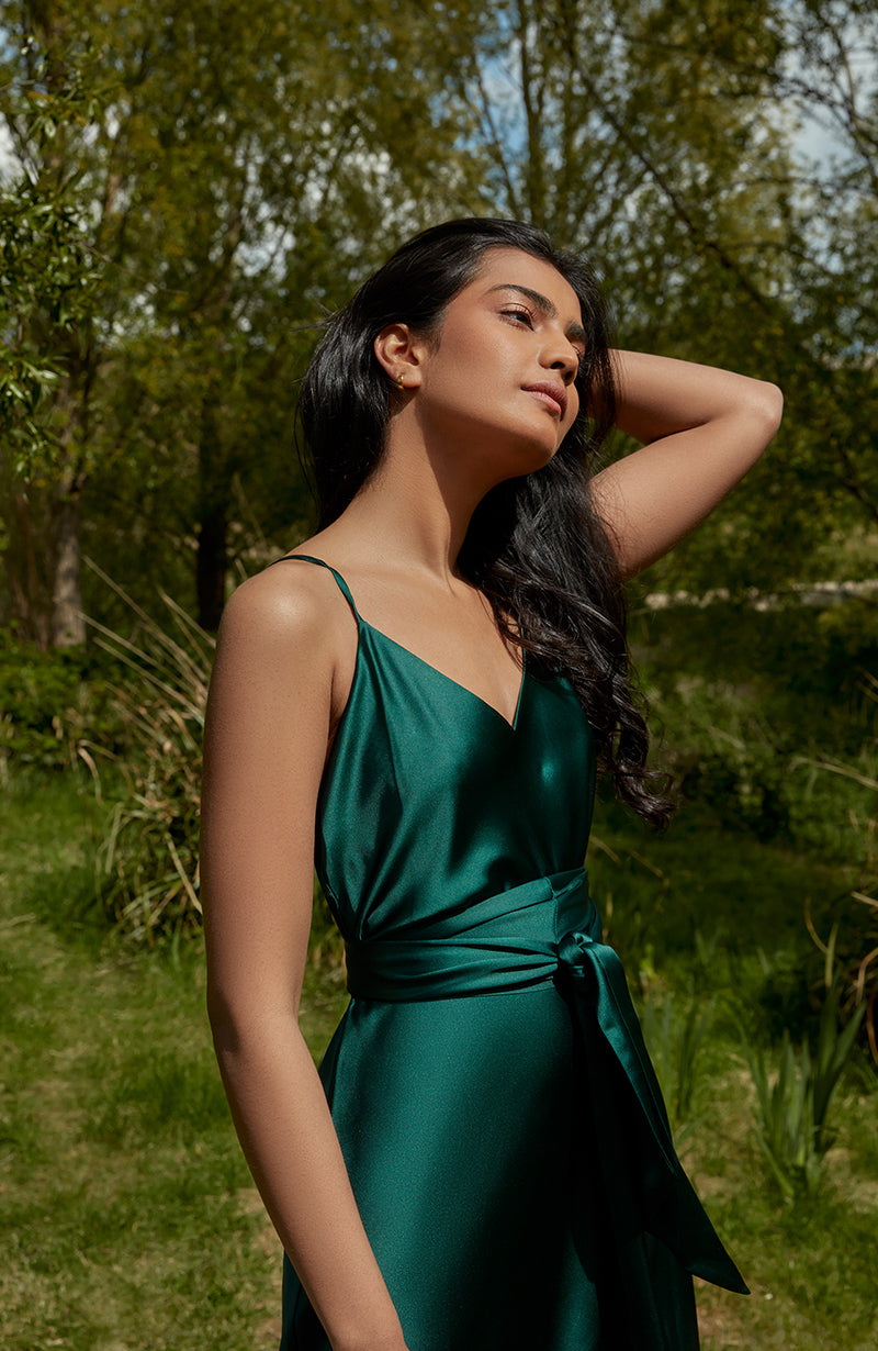 Brooklyn Dress in Forest Green Satin - Strappy Slip Bridesmaid Dress