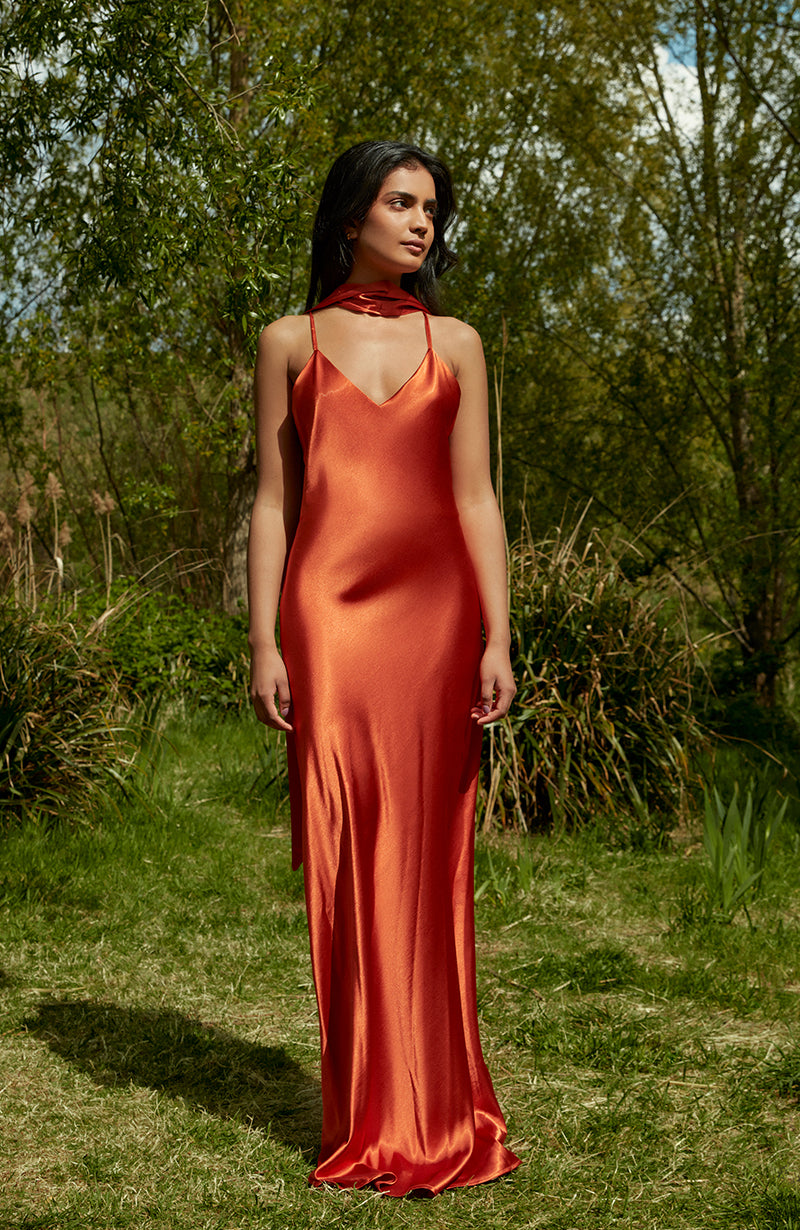 Brooklyn Dress in Burnt Orange Satin - Strappy Slip Bridesmaid Dress