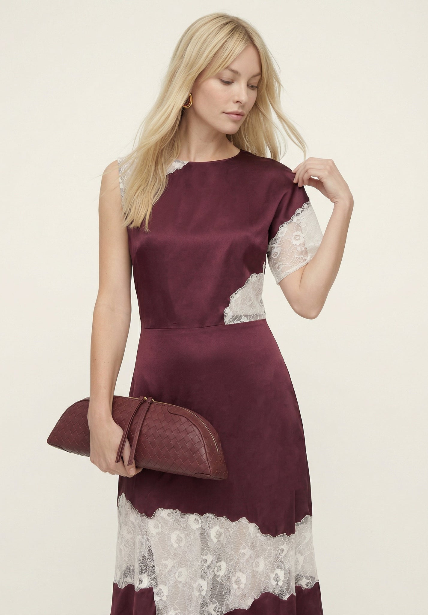 Selma Lace Insert Midi Dress In Burgundy And Ecru – Lily and Lionel