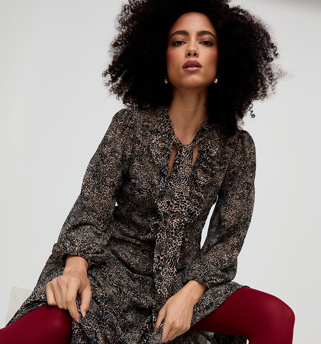 Margot Ruffle Neck Mini Leopard Print Maxi Dress In Brown