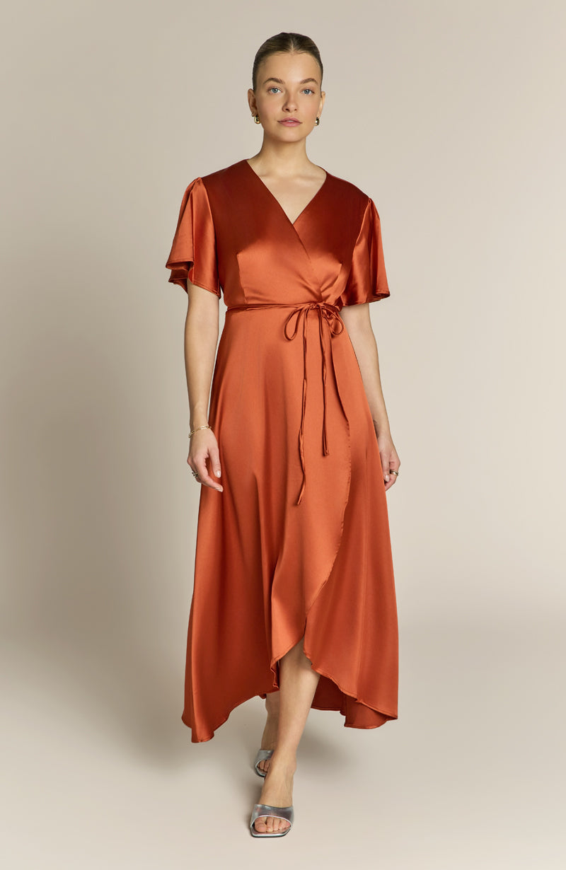 Florence Waterfall Dress in Burnt Orange Satin