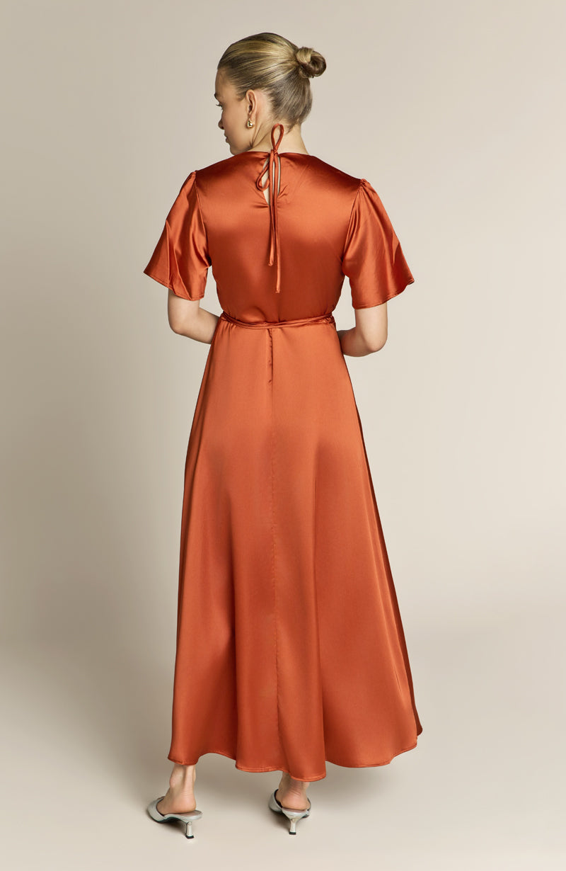 Florence Waterfall Dress in Burnt Orange Satin