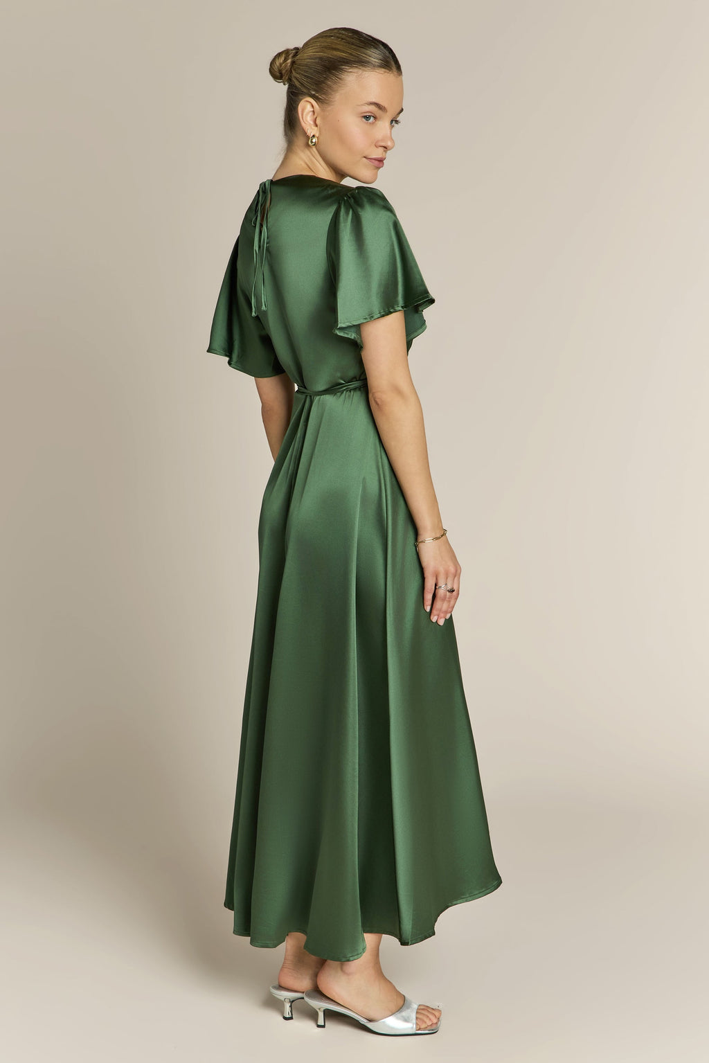 Florence Waterfall Dress in Olive Green Satin