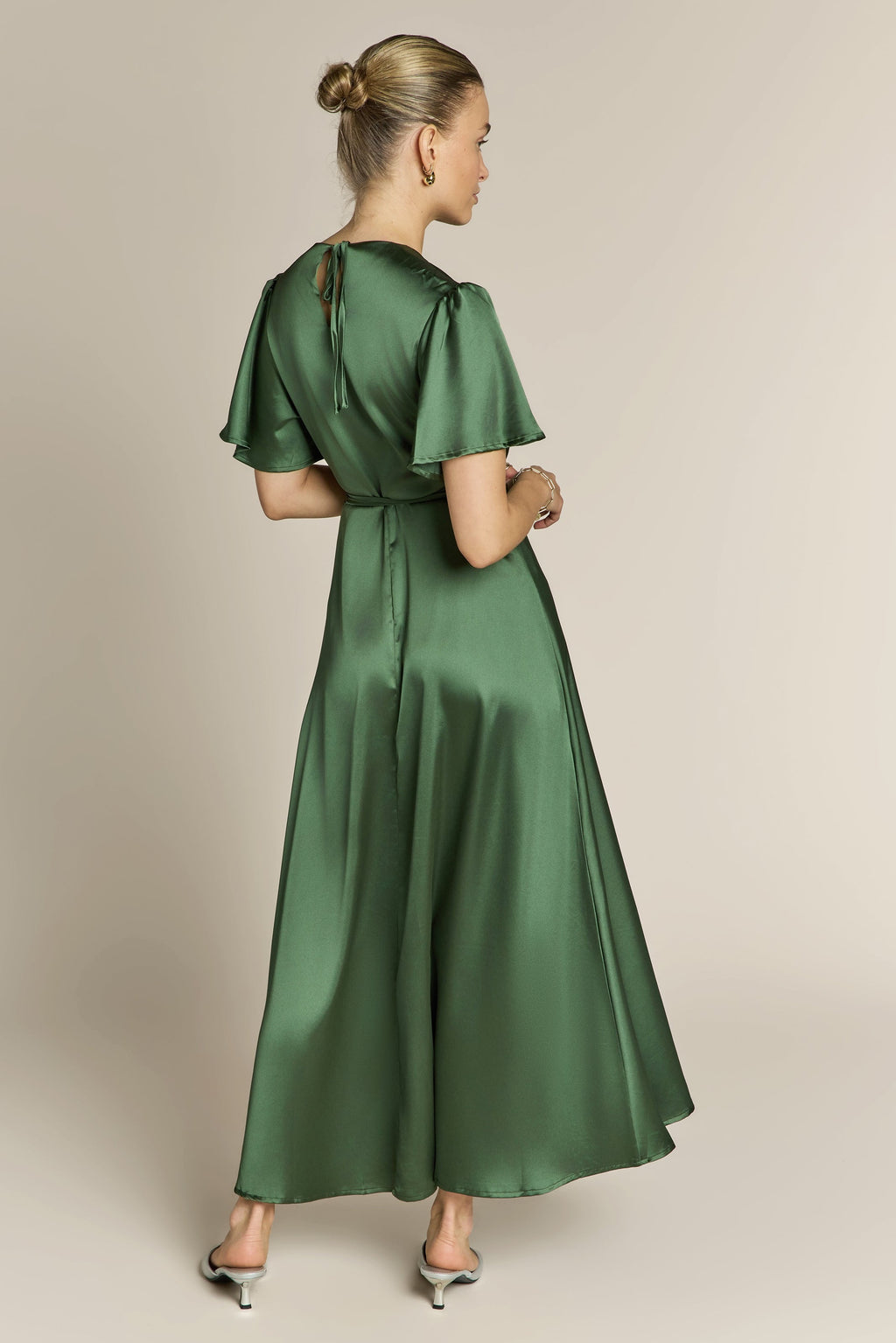 Florence Waterfall Dress in Olive Green Satin