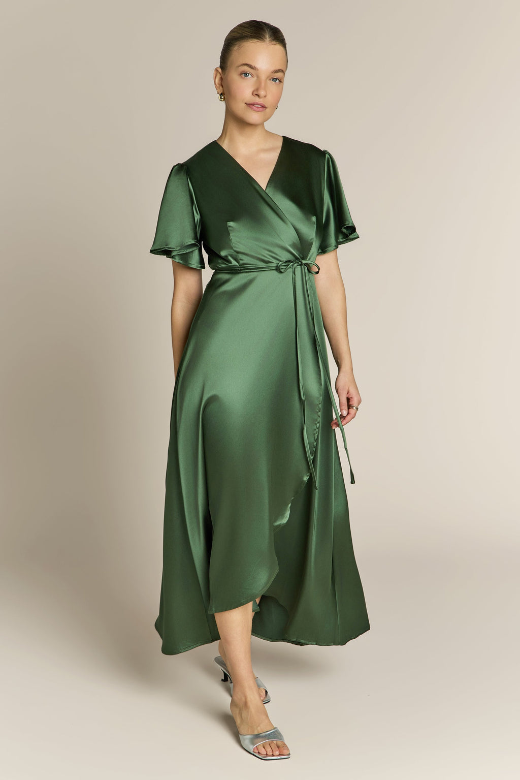 Florence Waterfall Dress in Olive Green Satin
