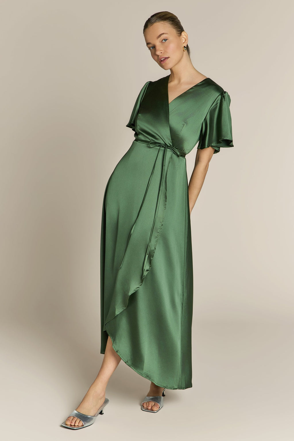 Florence Waterfall Dress in Olive Green Satin