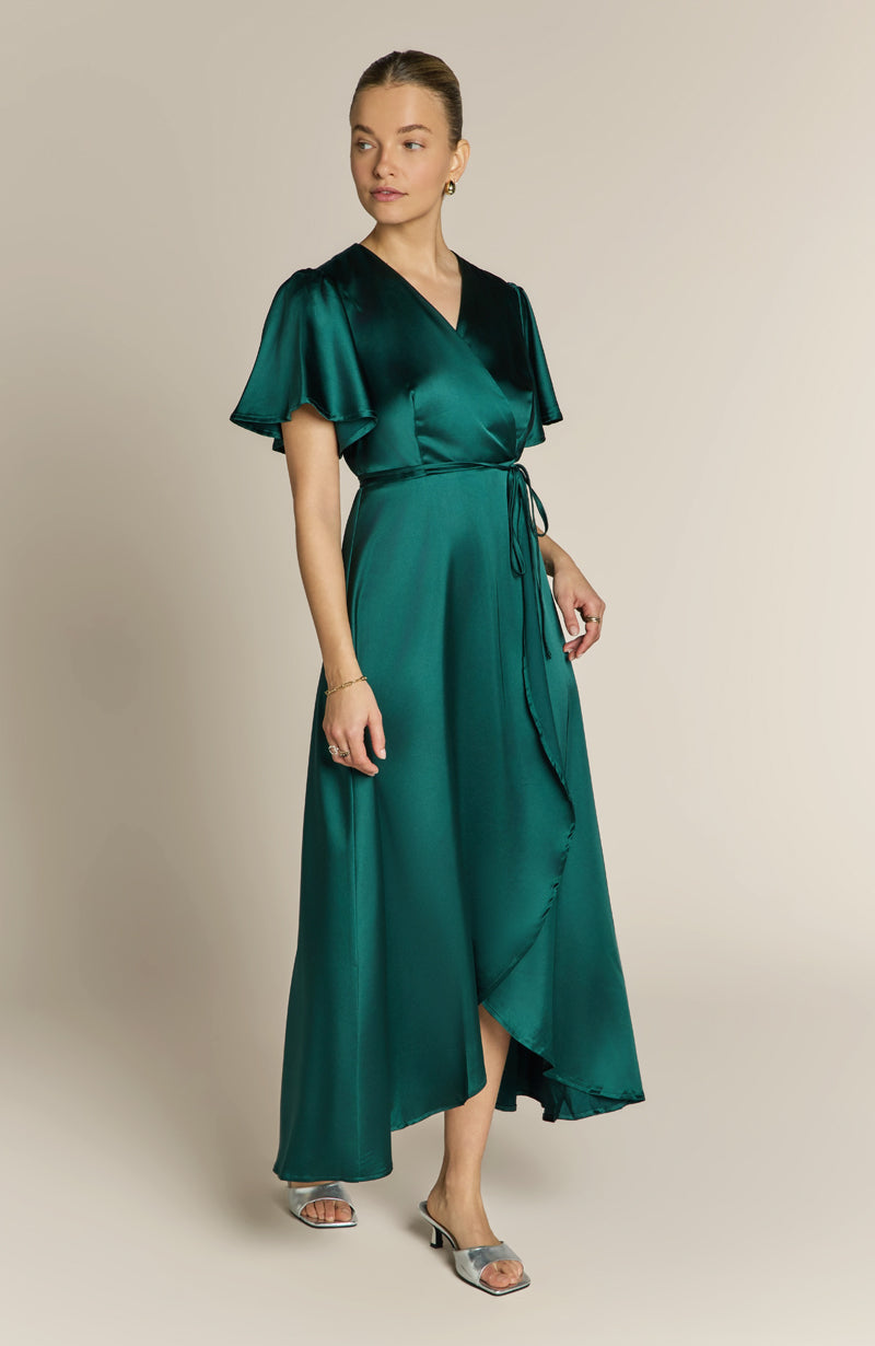 Florence Waterfall Dress in Forest Green Satin
