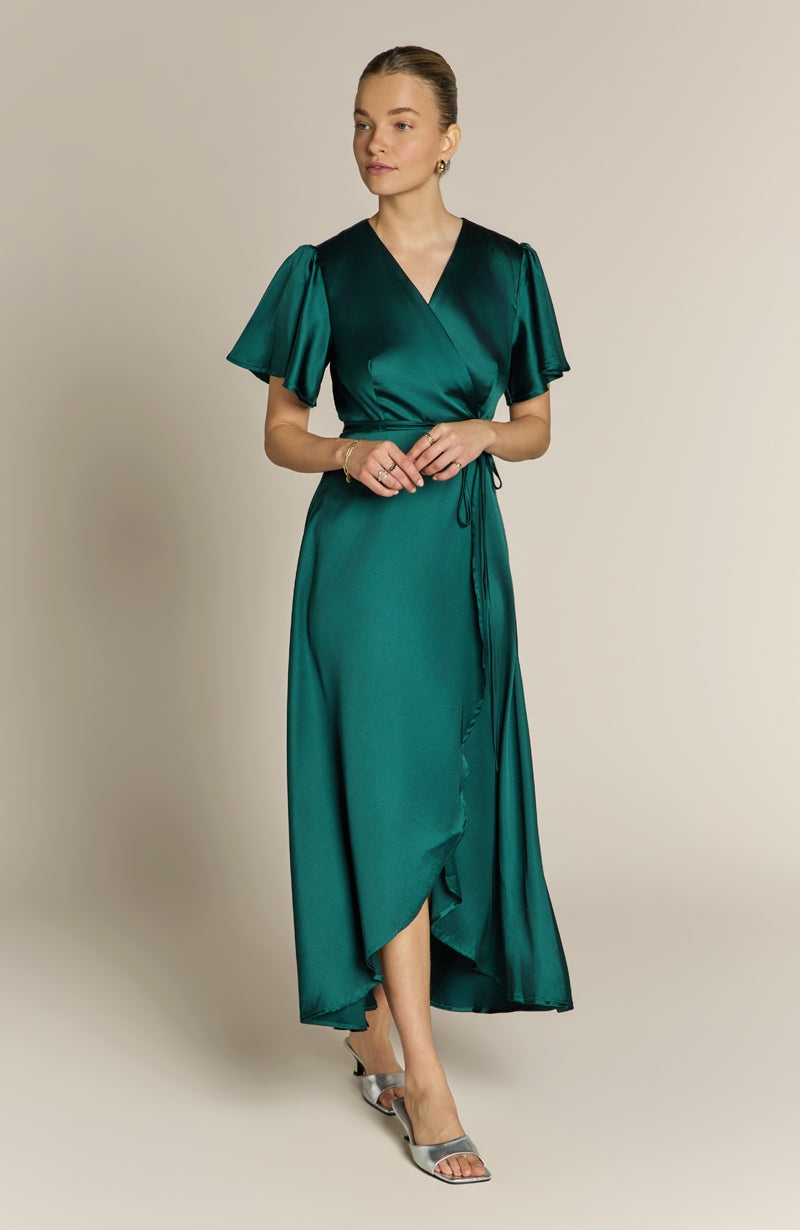 Florence Waterfall Dress in Forest Green Satin