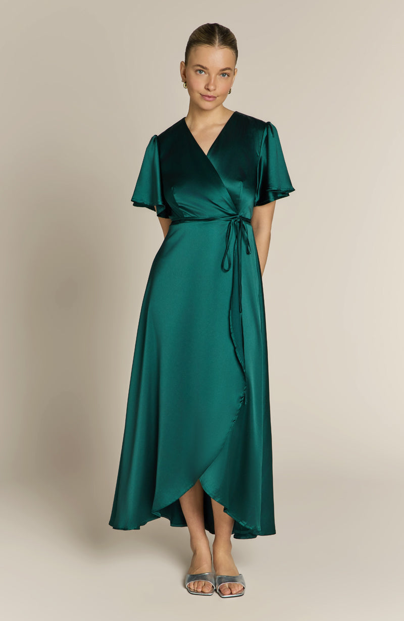 Florence Waterfall Dress in Forest Green Satin