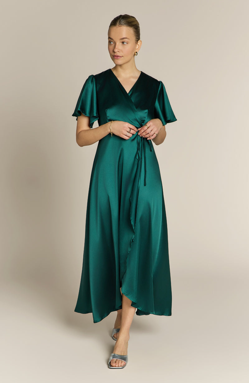 Florence Waterfall Dress in Forest Green Satin