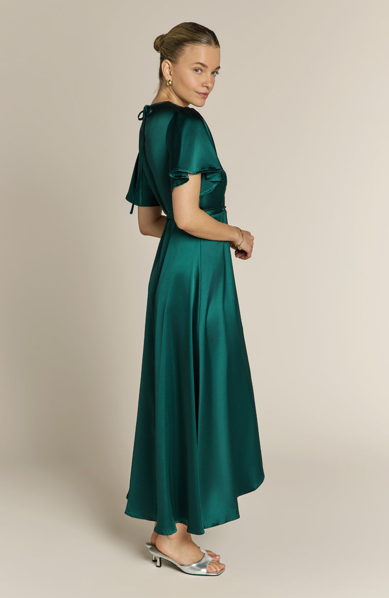 Florence Waterfall Dress in Forest Green Satin