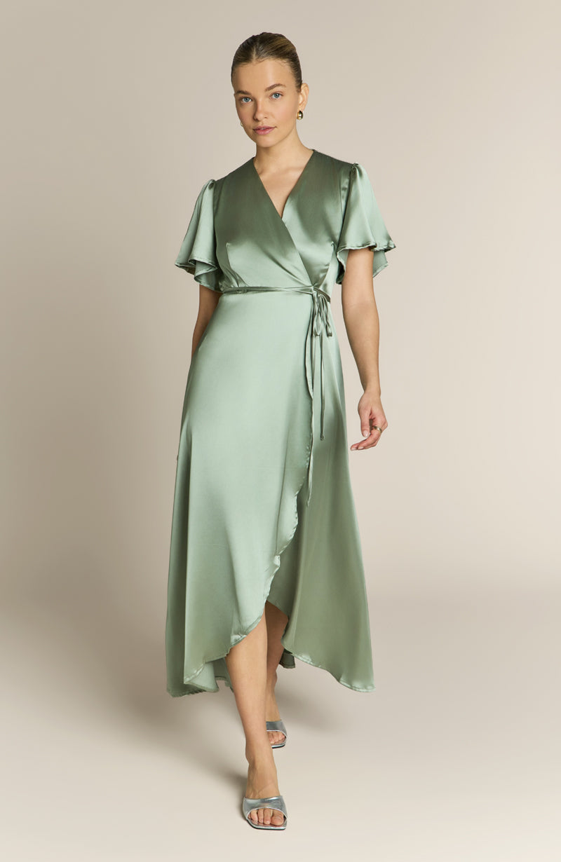 Florence Waterfall Dress in Sage Green Satin