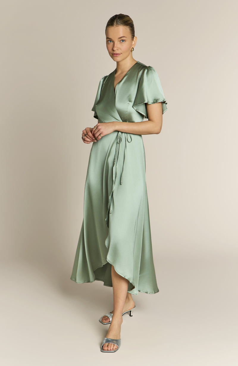Florence Waterfall Dress in Sage Green Satin