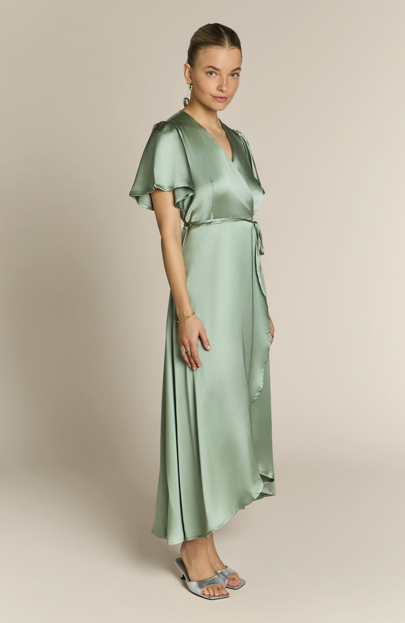 Florence Waterfall Dress in Sage Green Satin