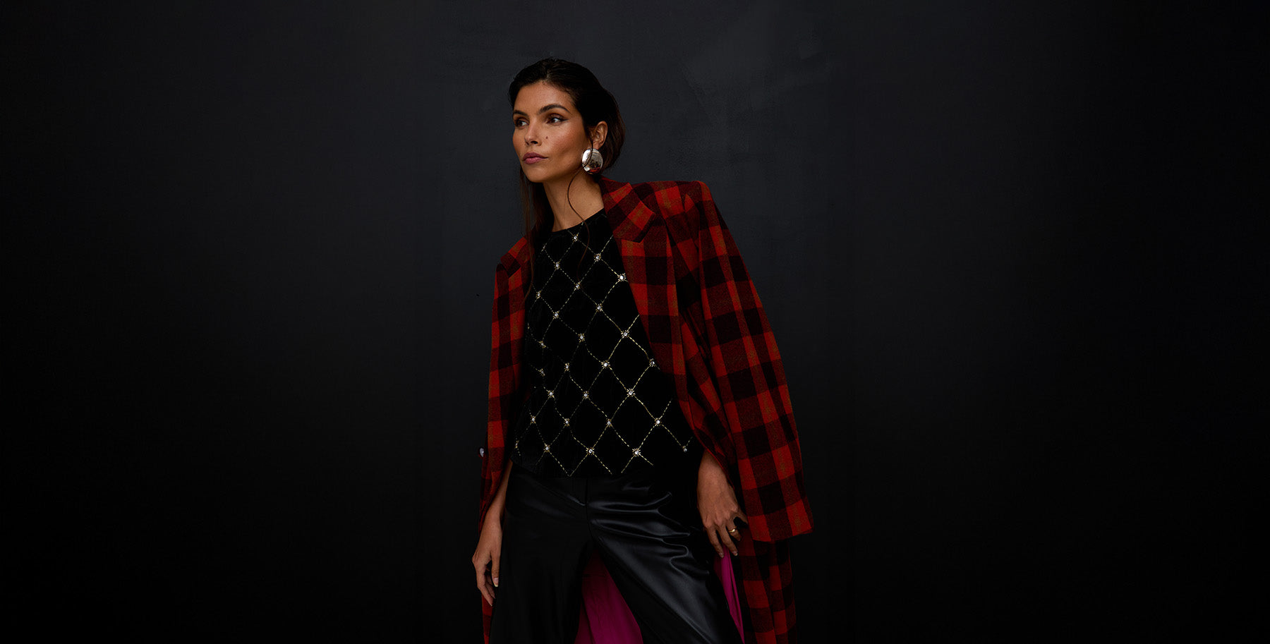 Chiva Beaded Velvet Top In Black & Tamara Double Breasted Check Print Coat In Red