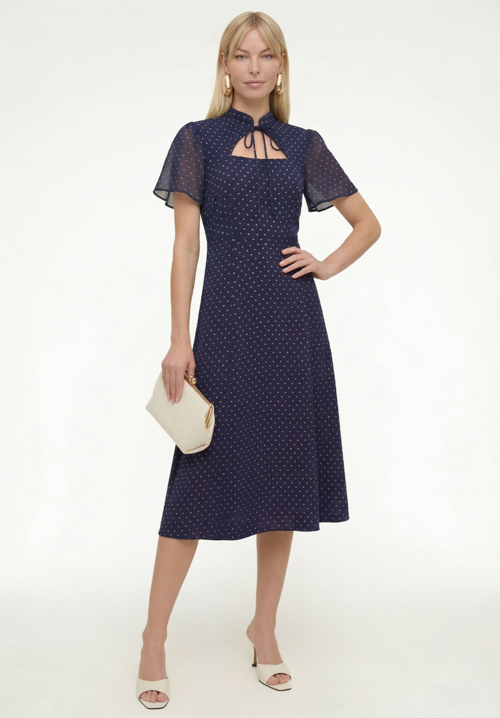 PREORDER Primrose Garden Polka Dot Print Midi Dress In Navy