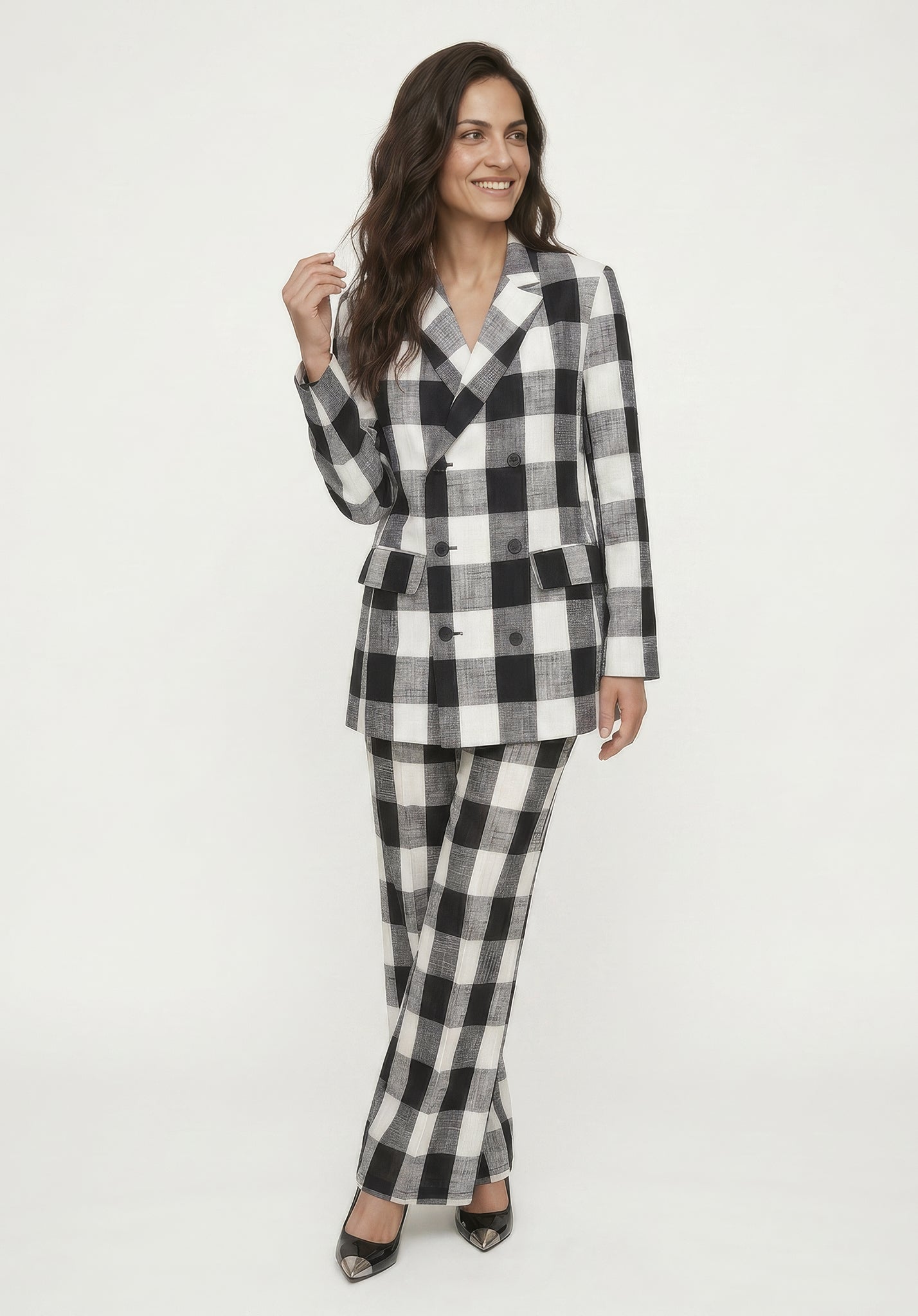 PREORDER Zena Double Breasted Check Jacket in Black and White
