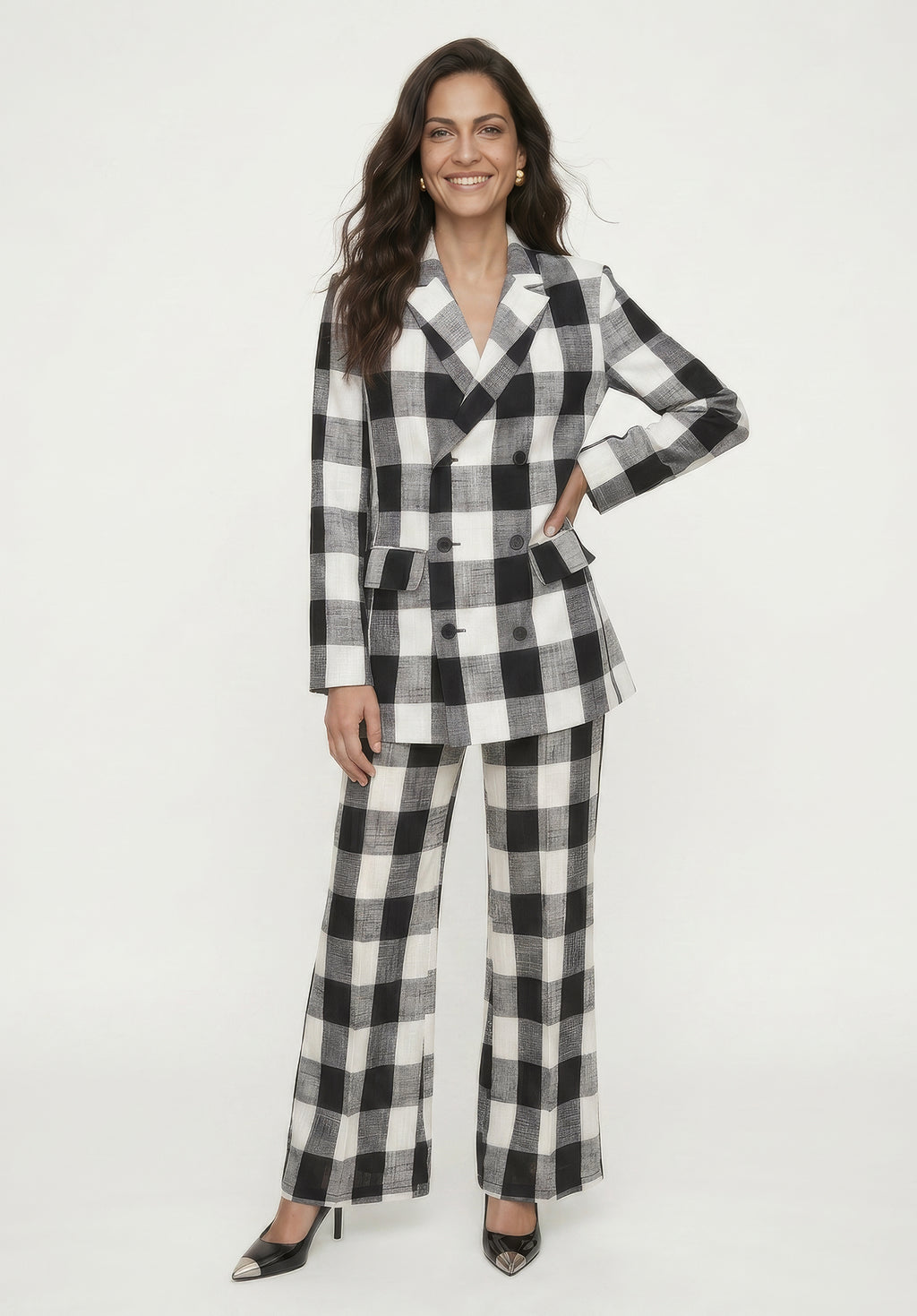 PREORDER Zena Double Breasted Check Jacket in Black and White