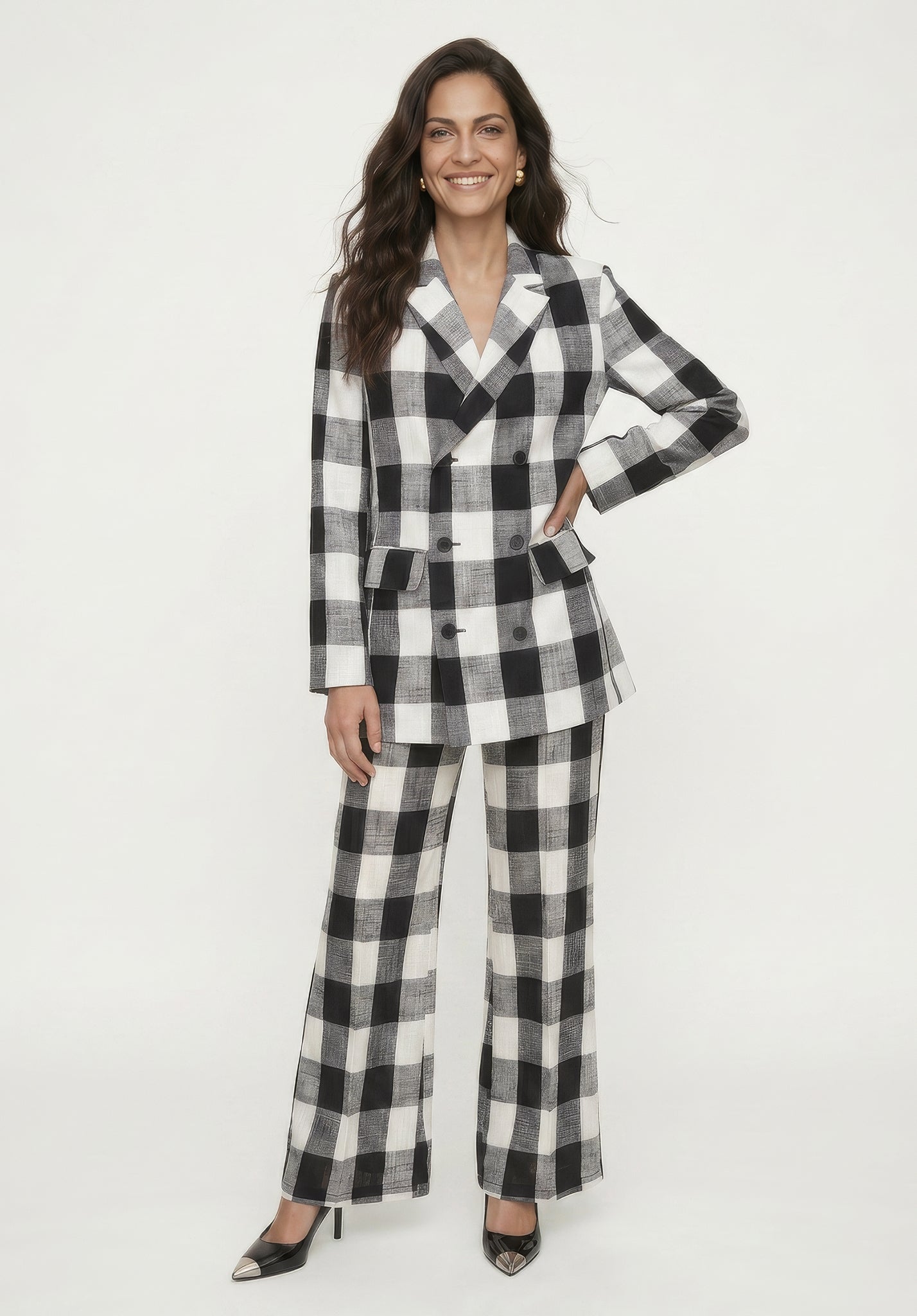 PREORDER Zena Double Breasted Check Jacket in Black and White