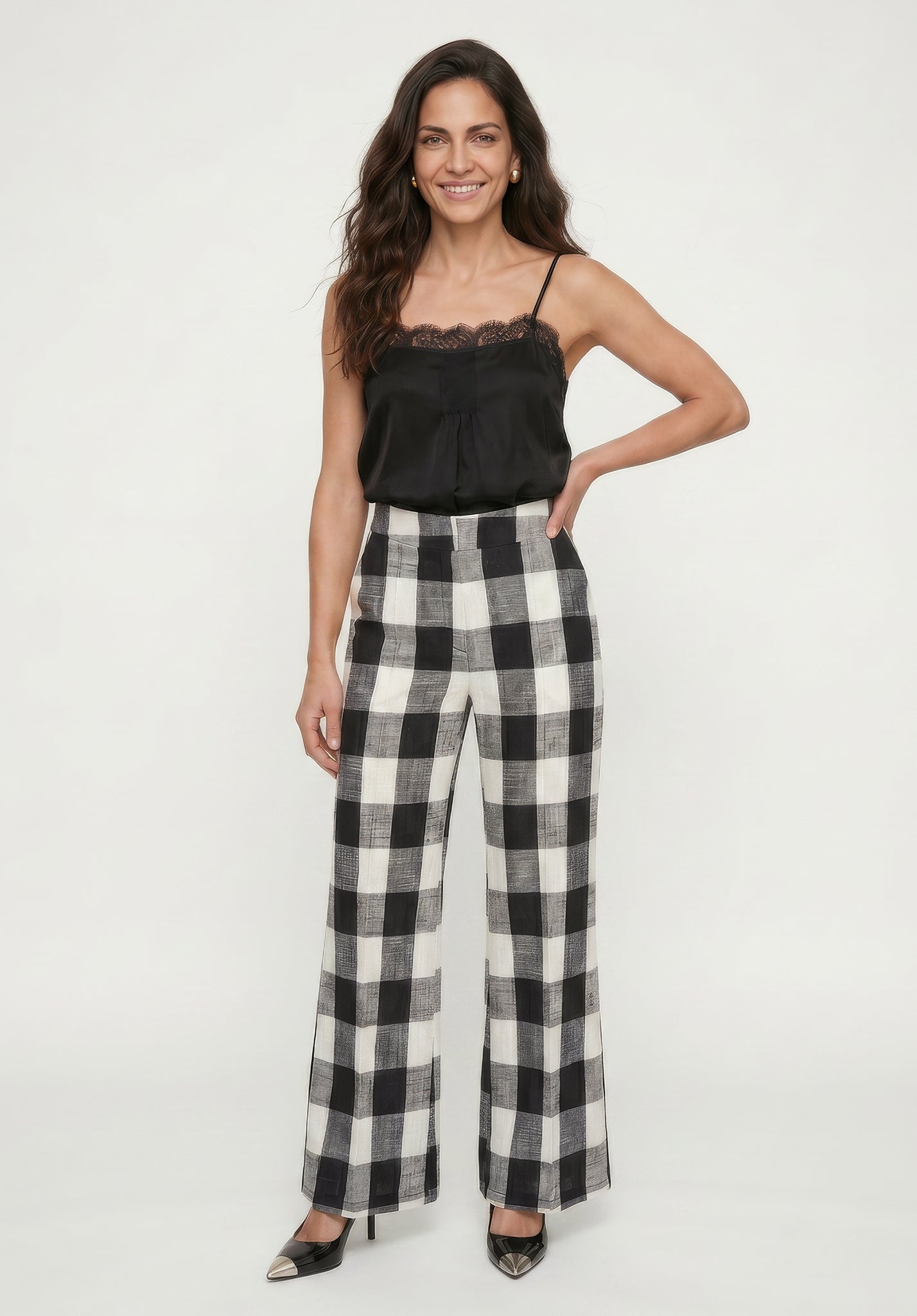 PREORER Zena Flared Check Trouser in Black and White