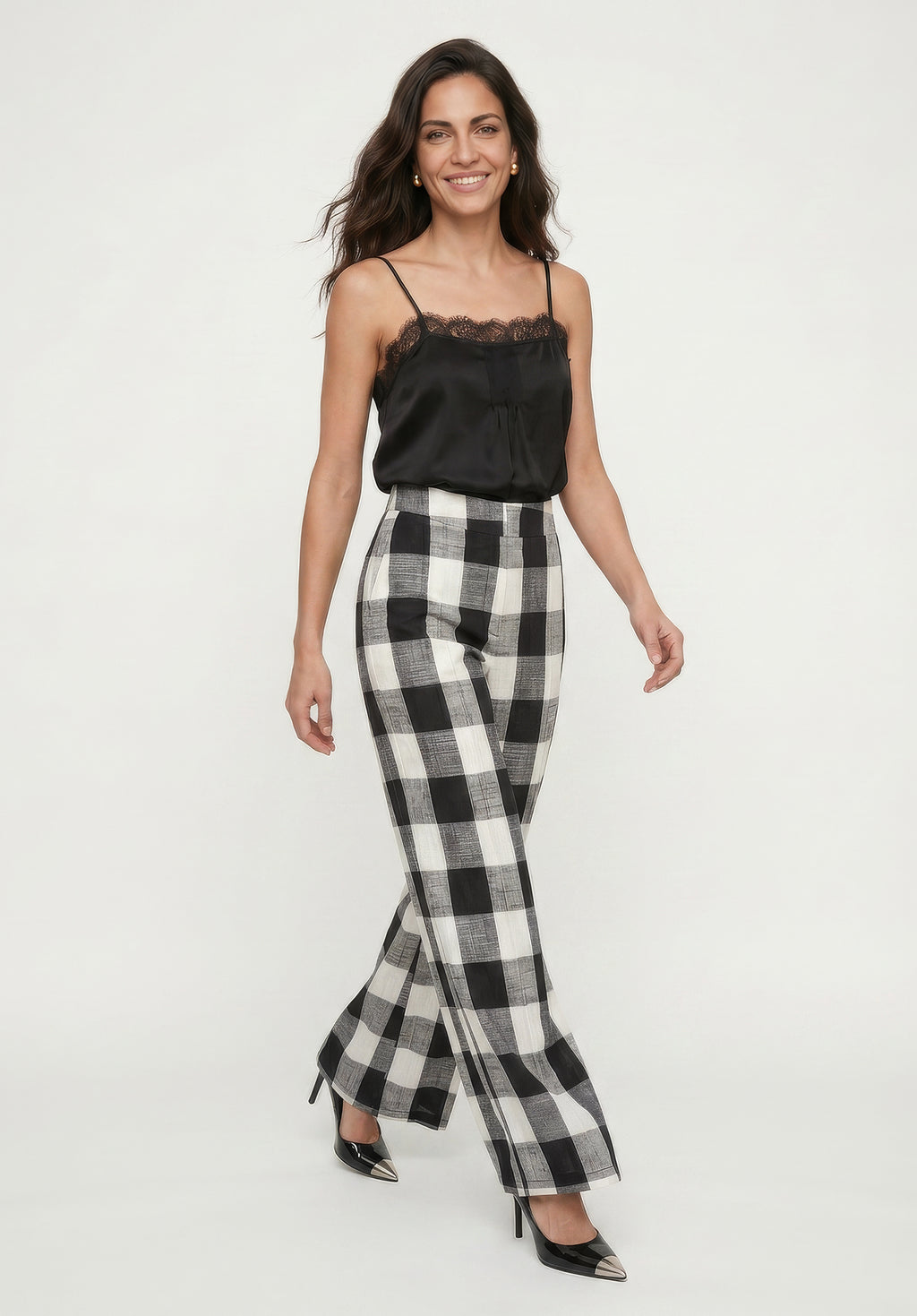 PREORER Zena Flared Check Trouser in Black and White