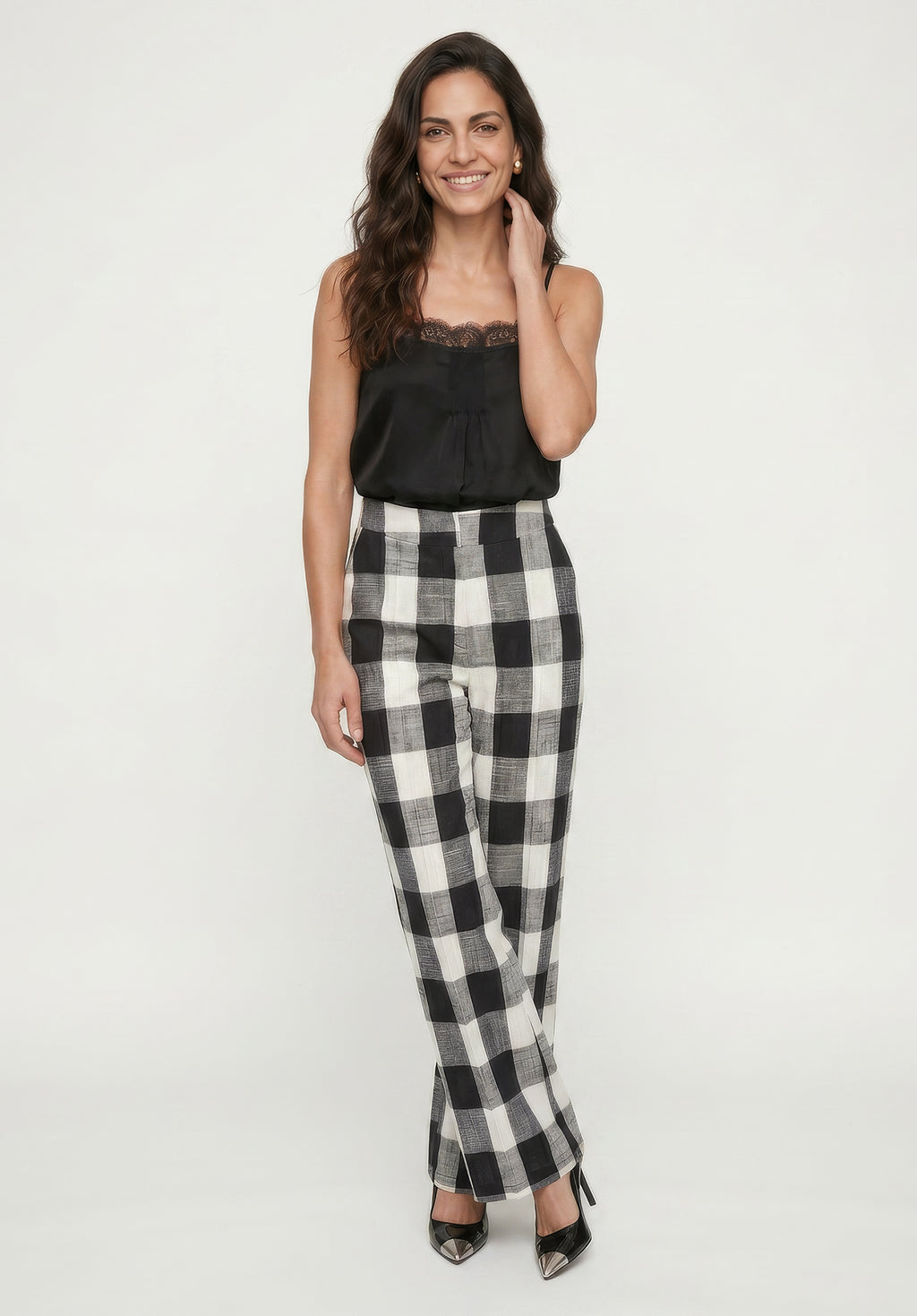 PREORER Zena Flared Check Trouser in Black and White