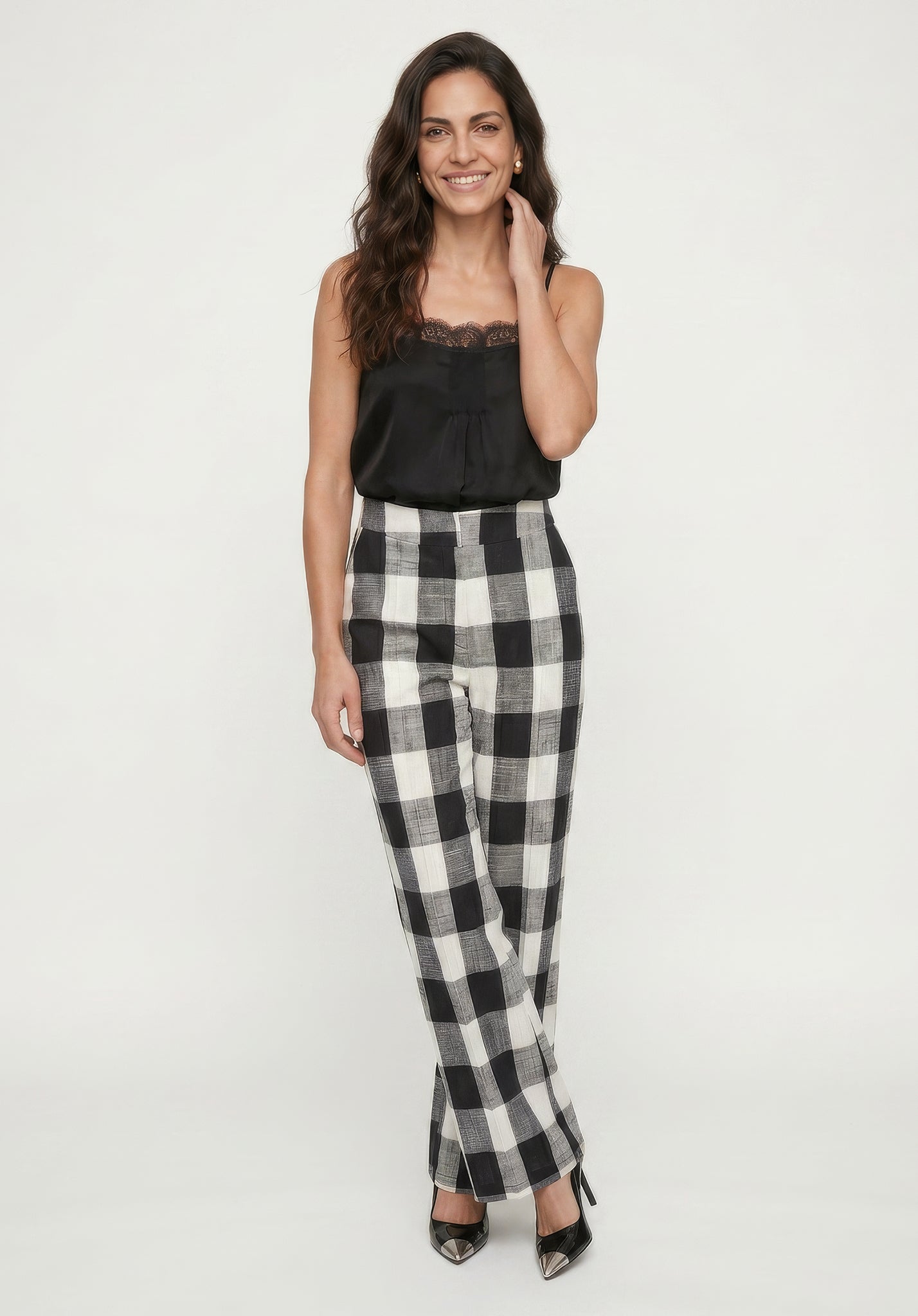 PREORER Zena Flared Check Trouser in Black and White