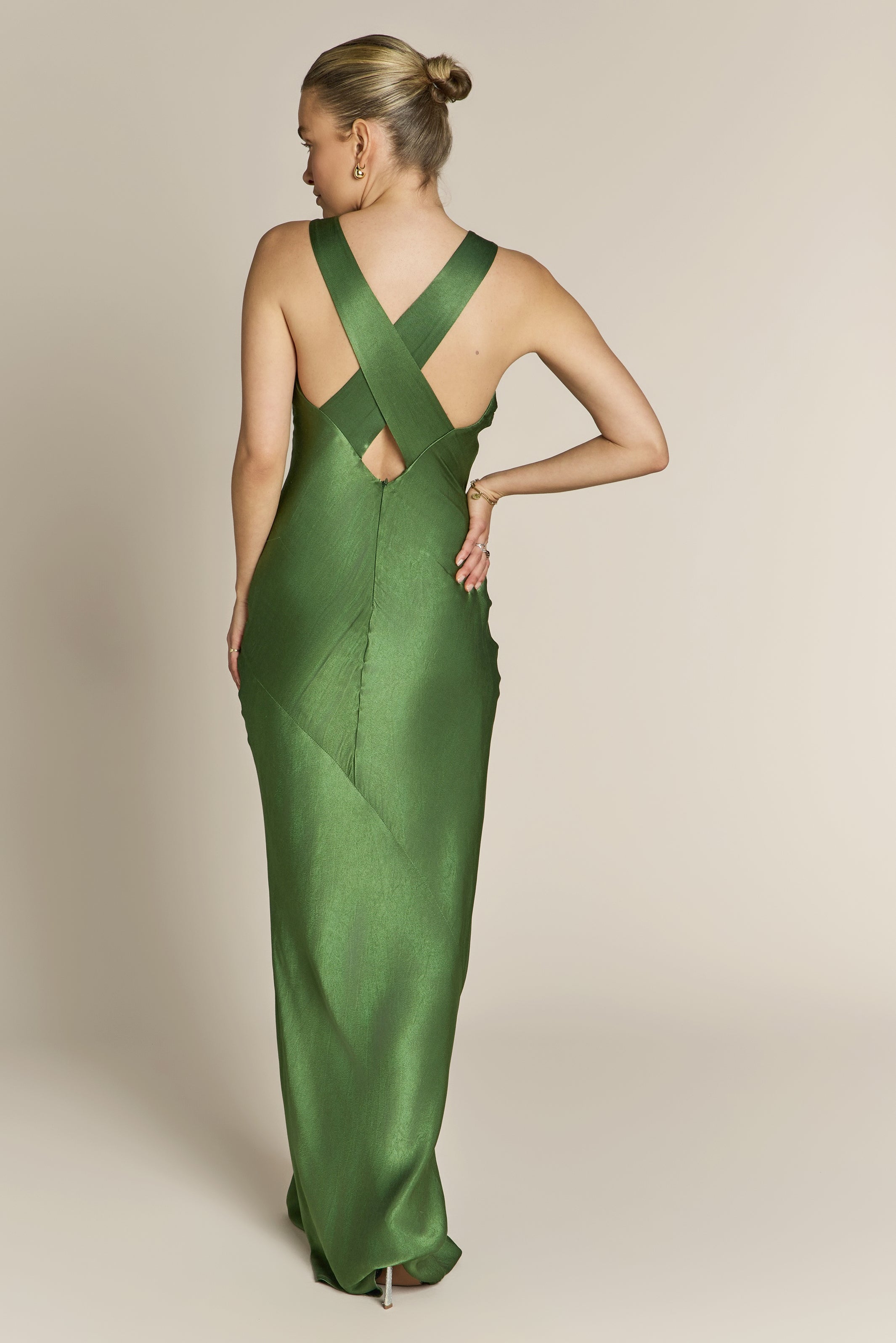 Paris Dress in Olive Green Viscose Satin