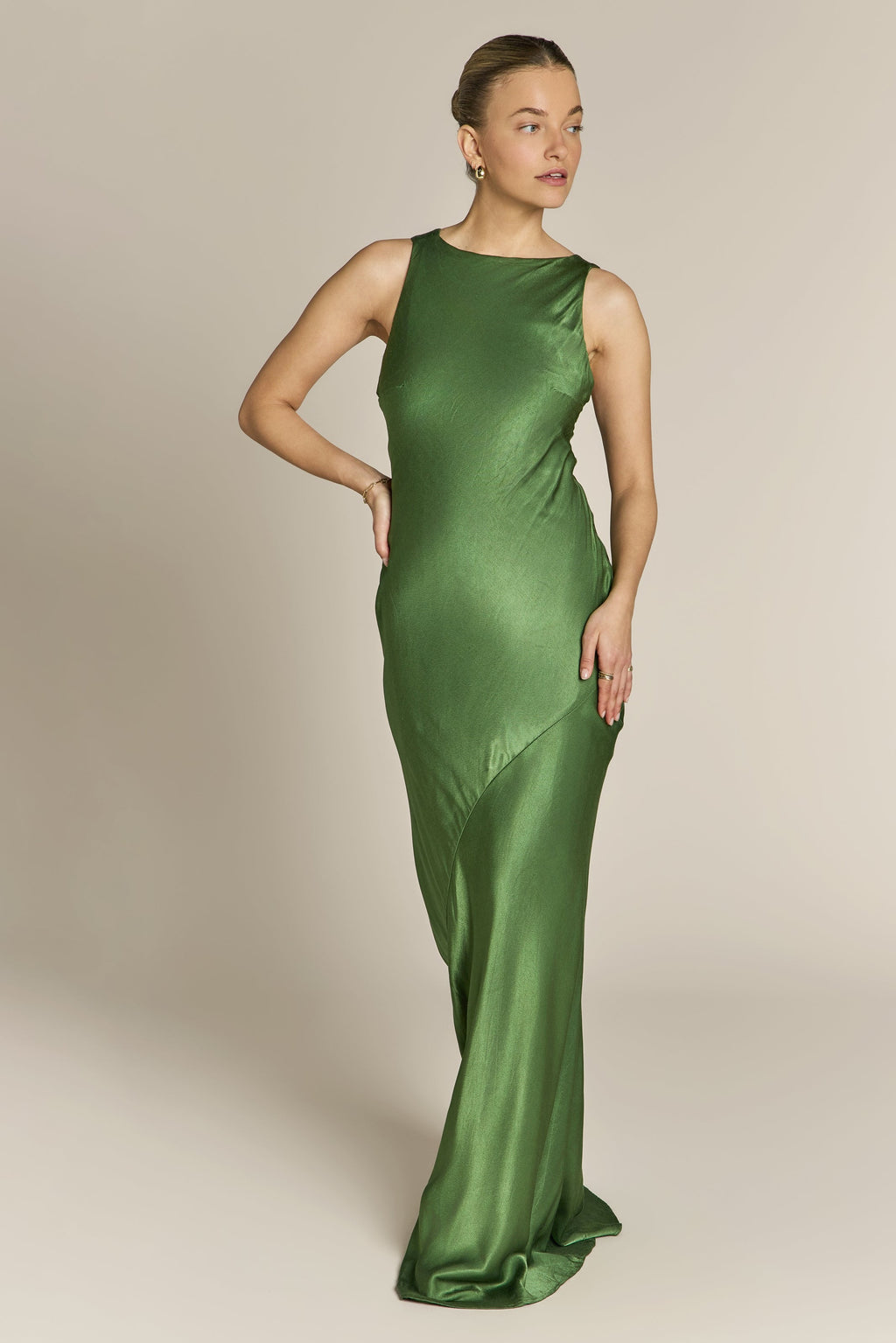 Paris Dress in Olive Green Viscose Satin
