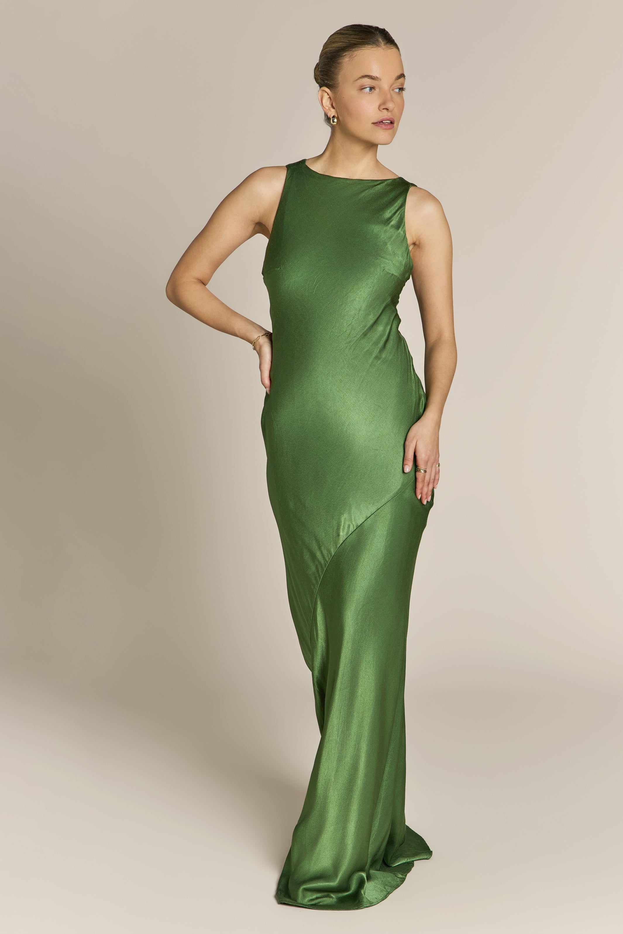 Paris Dress in Olive Green Viscose Satin