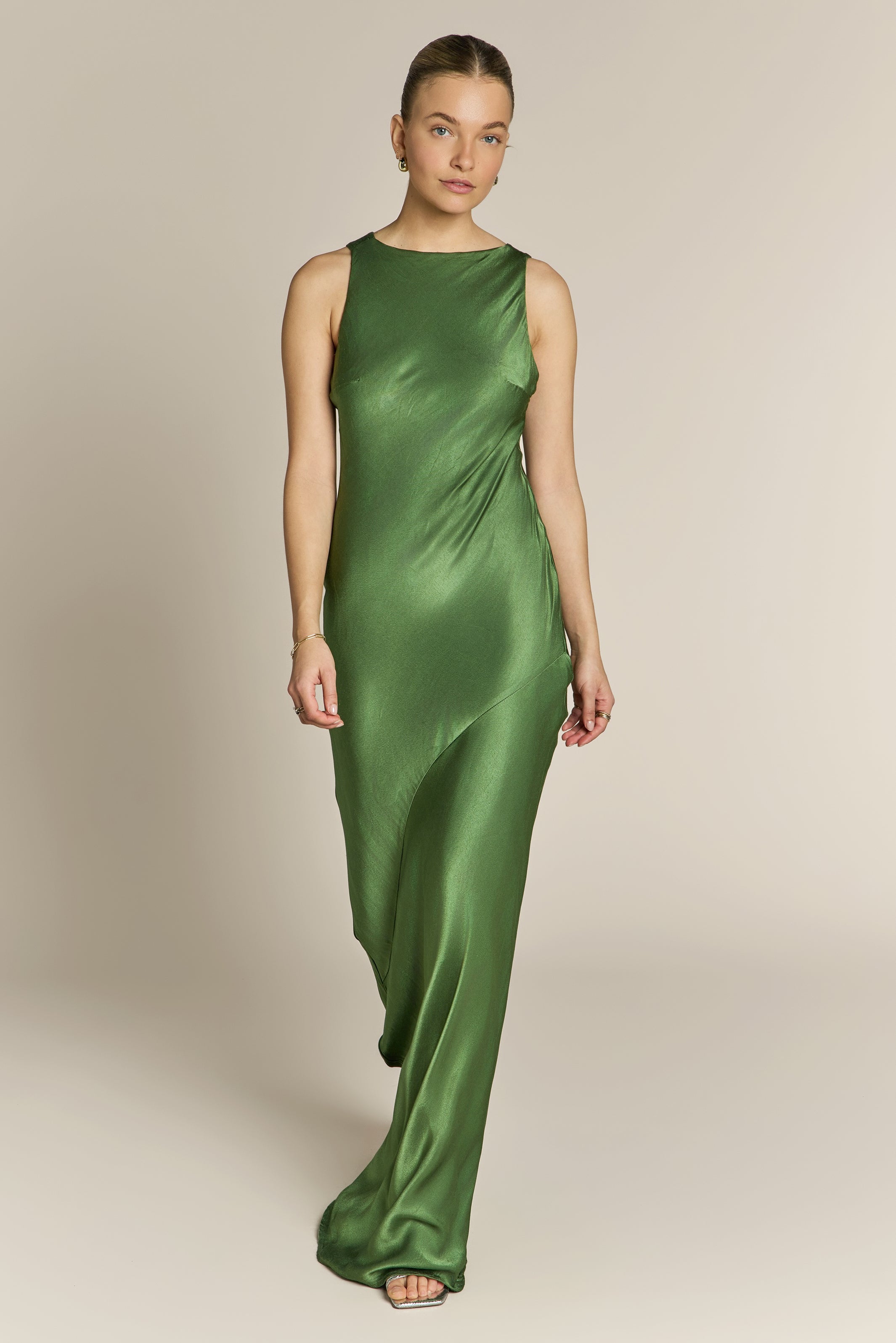 Paris Dress in Olive Green Viscose Satin