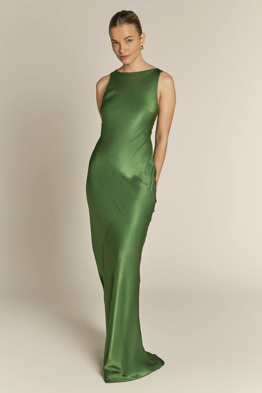 Paris Dress in Olive Green Viscose Satin