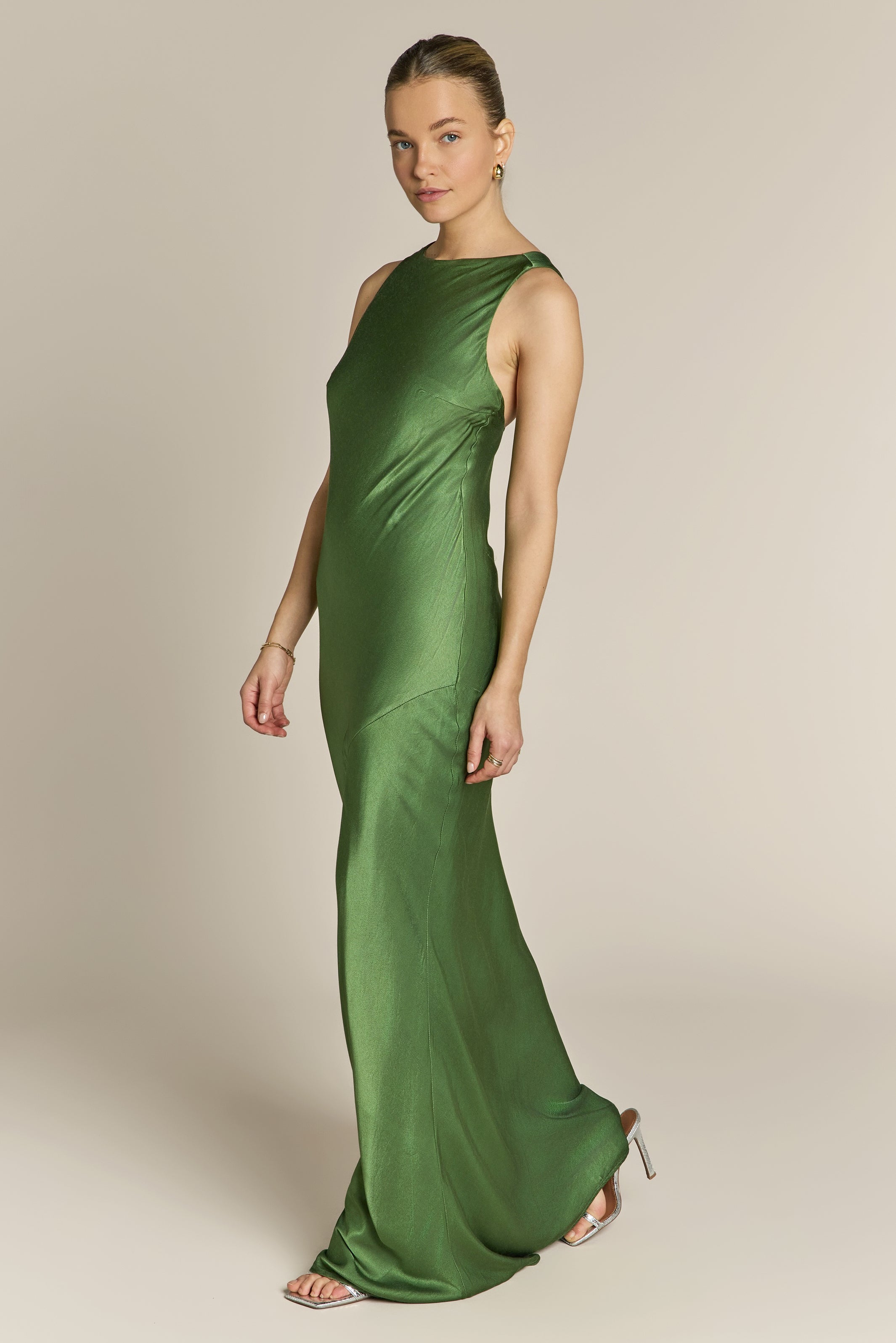 Paris Dress in Olive Green Viscose Satin