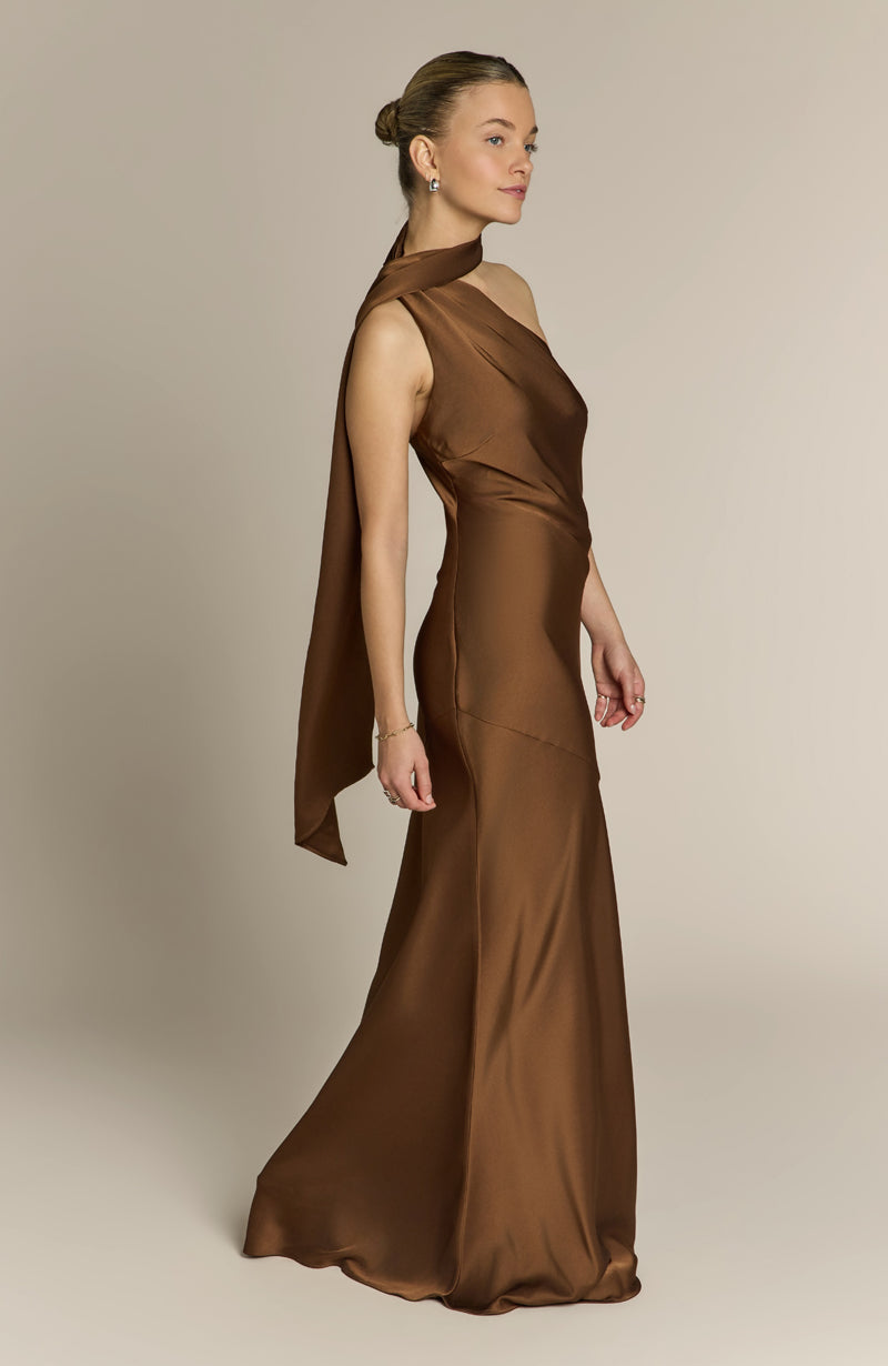 Raye One Shoulder Dress in Chocolate Brown