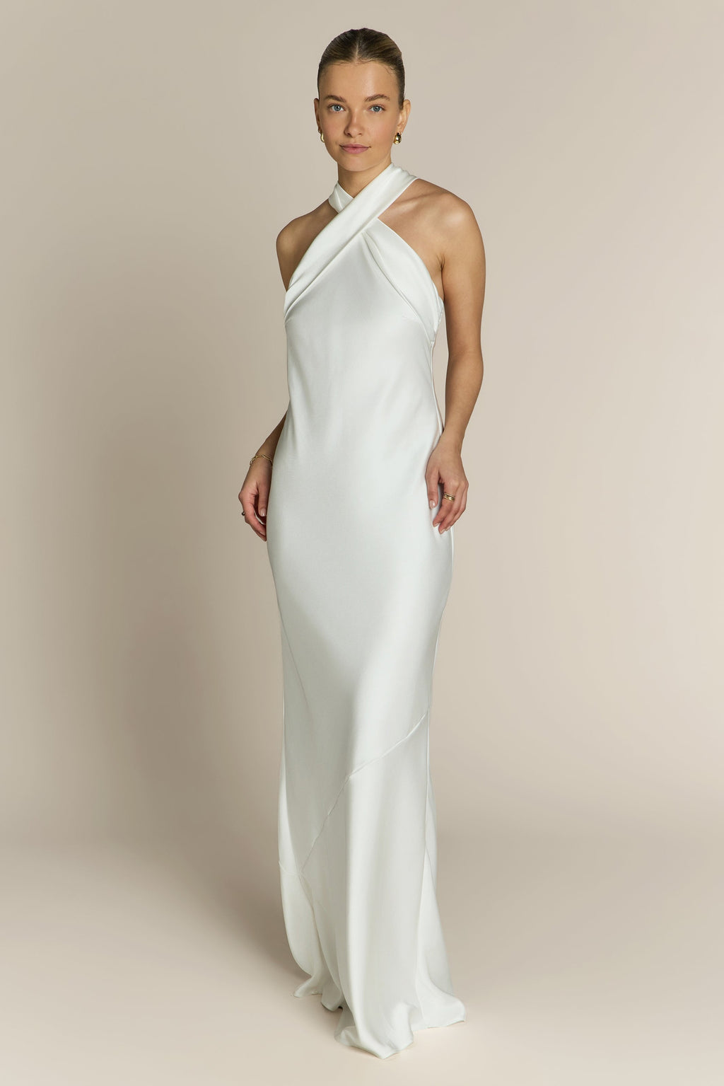 Roma Dress in Ivory Satin- Halterneck Maxi Bridesmaid & Bridal Dress