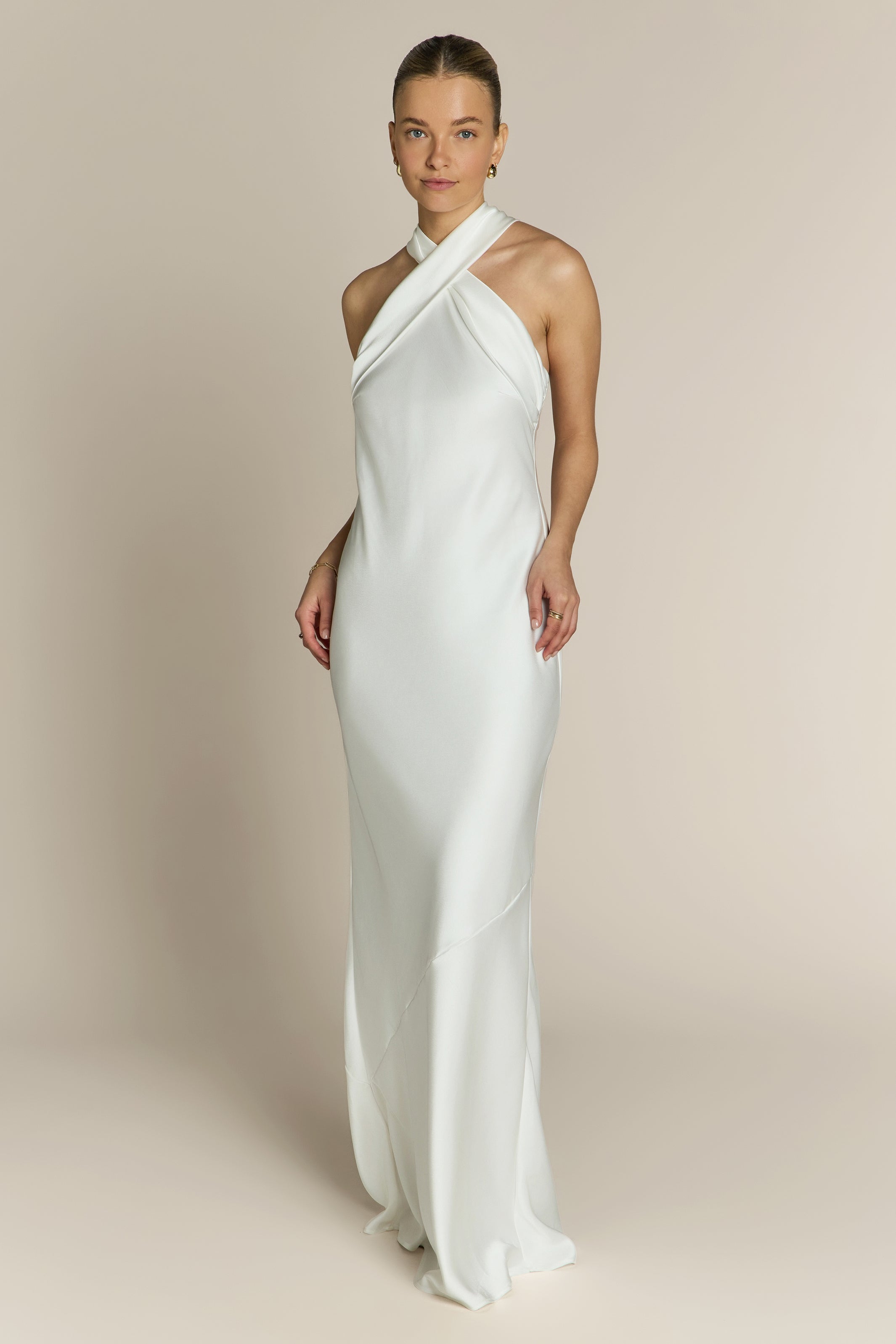 Roma Dress in Ivory Satin- Halterneck Maxi Bridesmaid & Bridal Dress