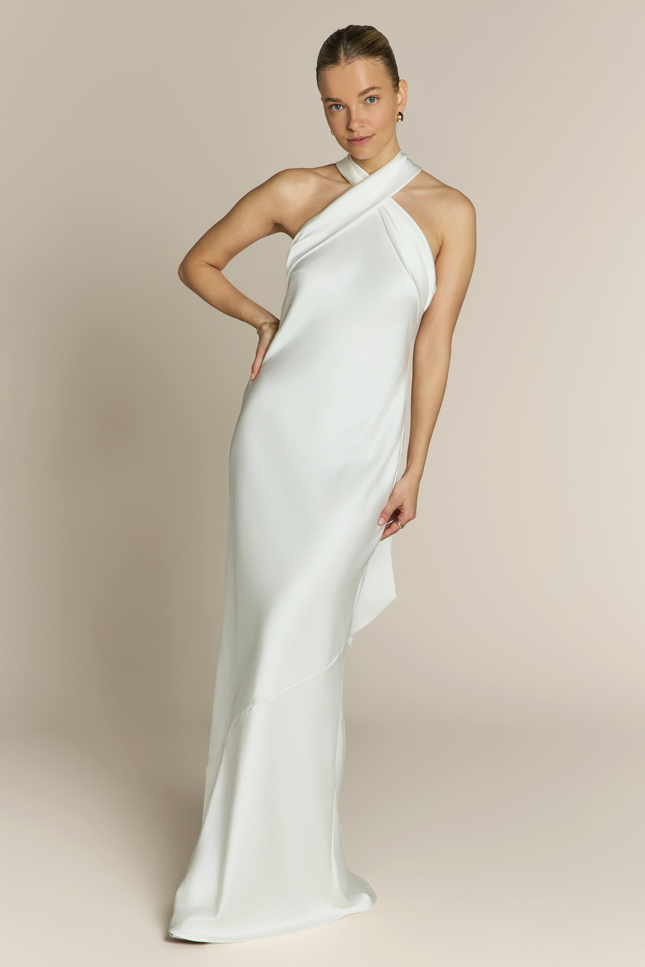 Roma Dress in Ivory Satin- Halterneck Maxi Bridesmaid & Bridal Dress