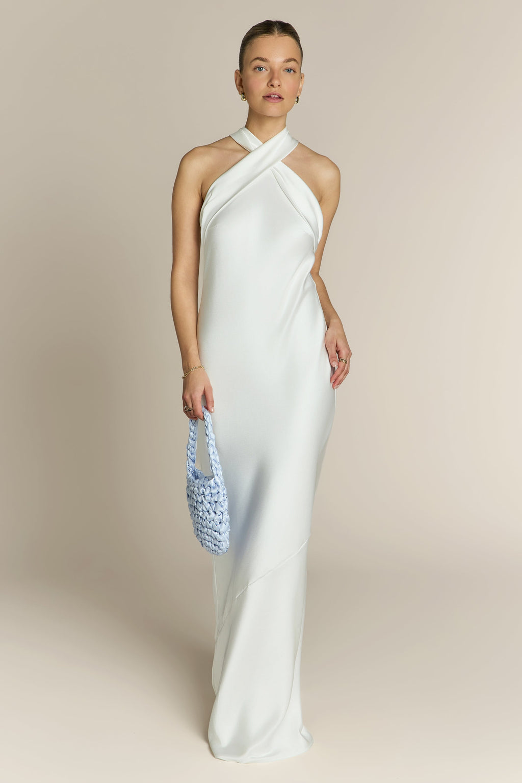Roma Dress in Ivory Satin- Halterneck Maxi Bridesmaid & Bridal Dress