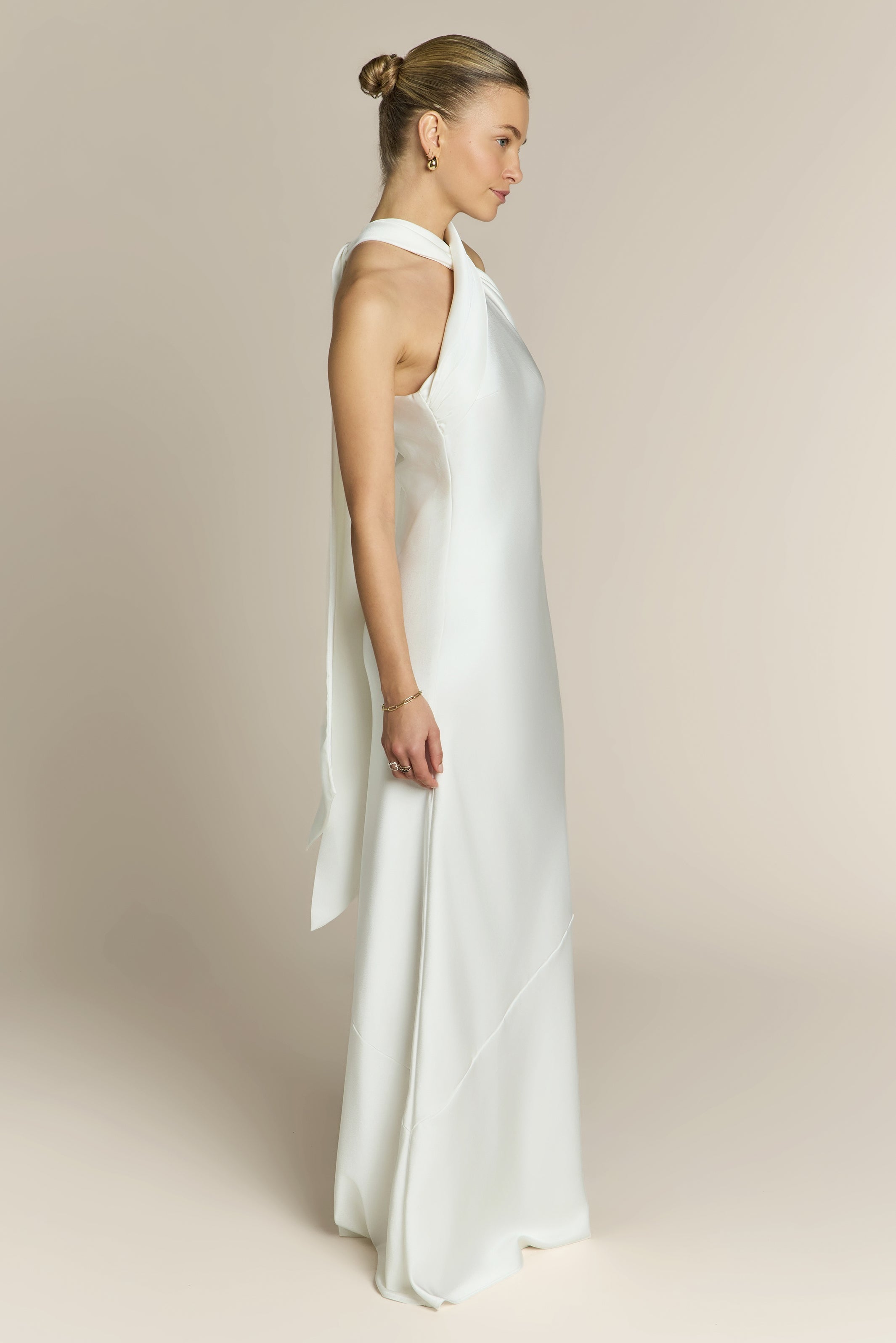 Roma Dress in Ivory Satin- Halterneck Maxi Bridesmaid & Bridal Dress