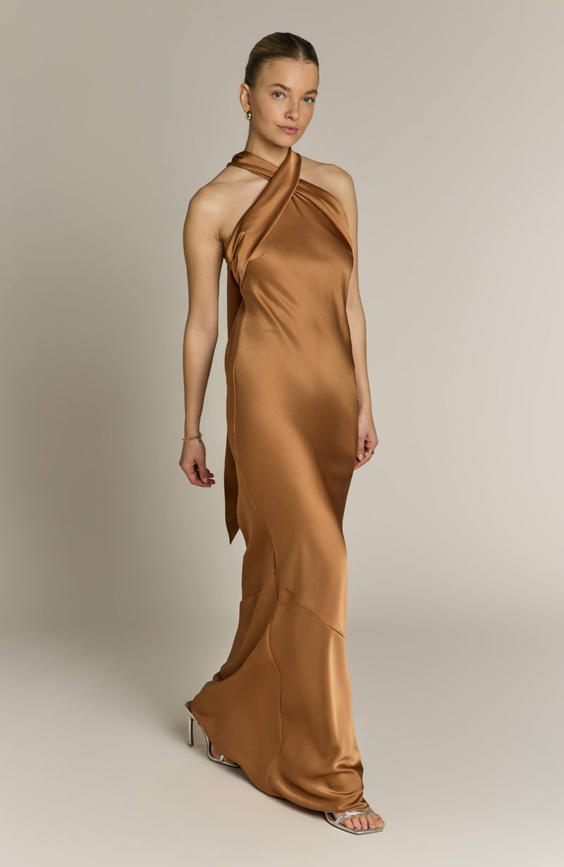 Roma Dress in Caramel Satin - Halterneck Maxi Bridesmaid Dress