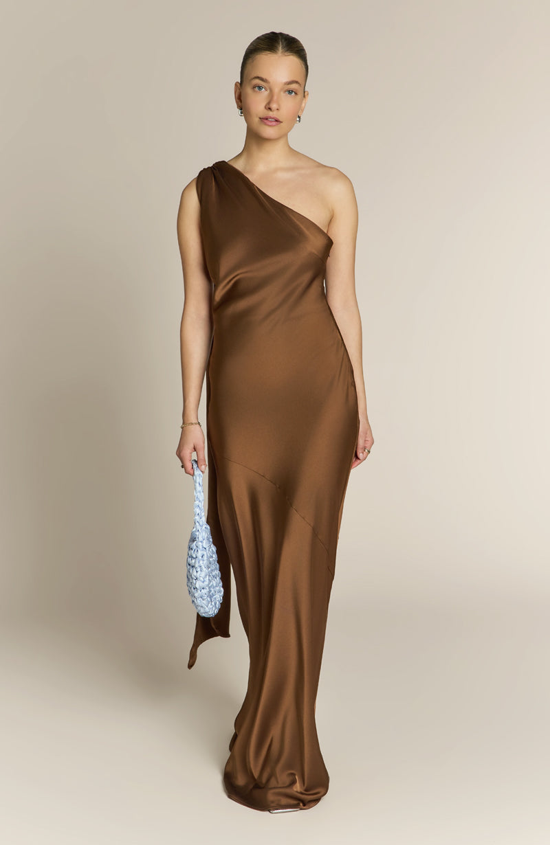 Raye One Shoulder Dress in Chocolate Brown