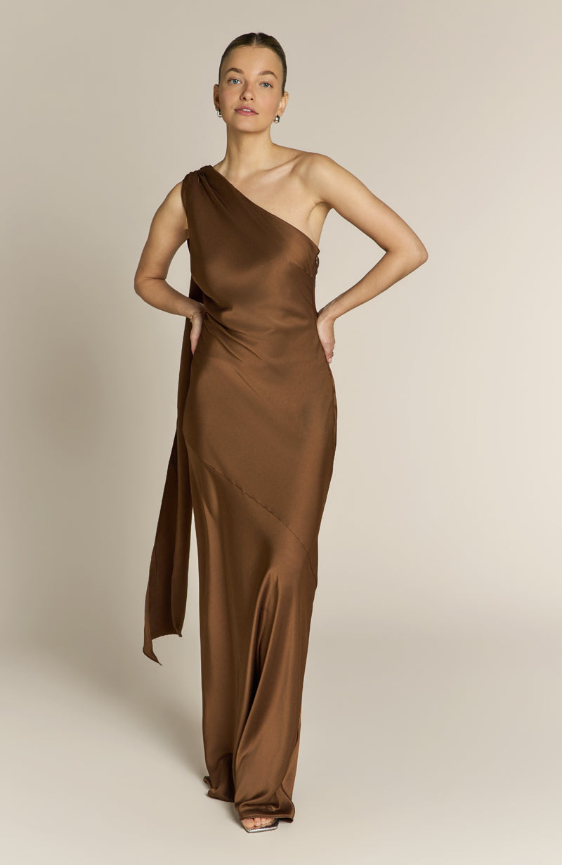 Raye One Shoulder Dress in Chocolate Brown
